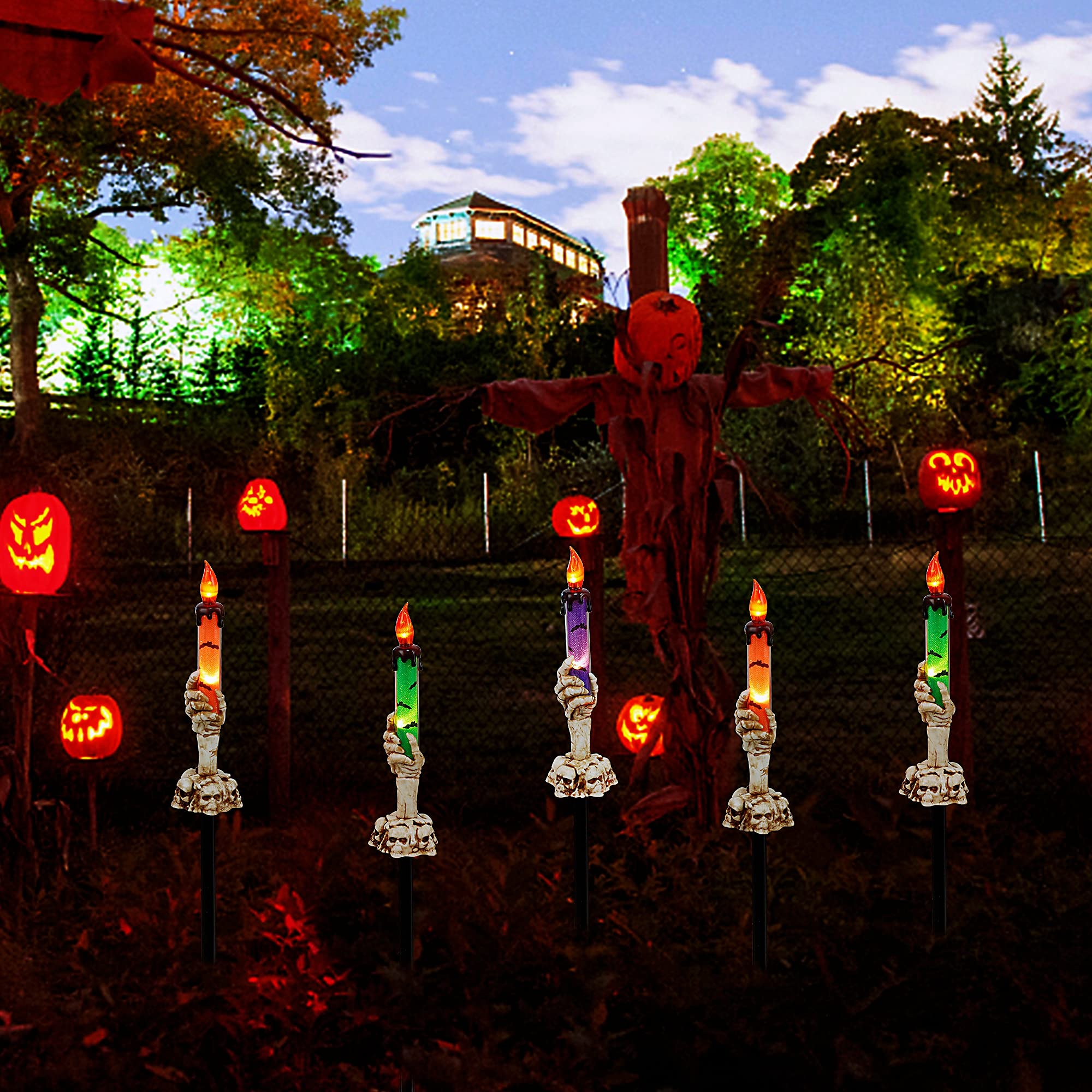 WaterGlide Halloween Candle Light Stakes - 5 Pack Skeleton Hand Pathway Markers with LED Candles | Waterproof Battery-Operated Outdoor Decor with Timer | Perfect for Halloween Yard, Garden, Party & Holiday Decorations