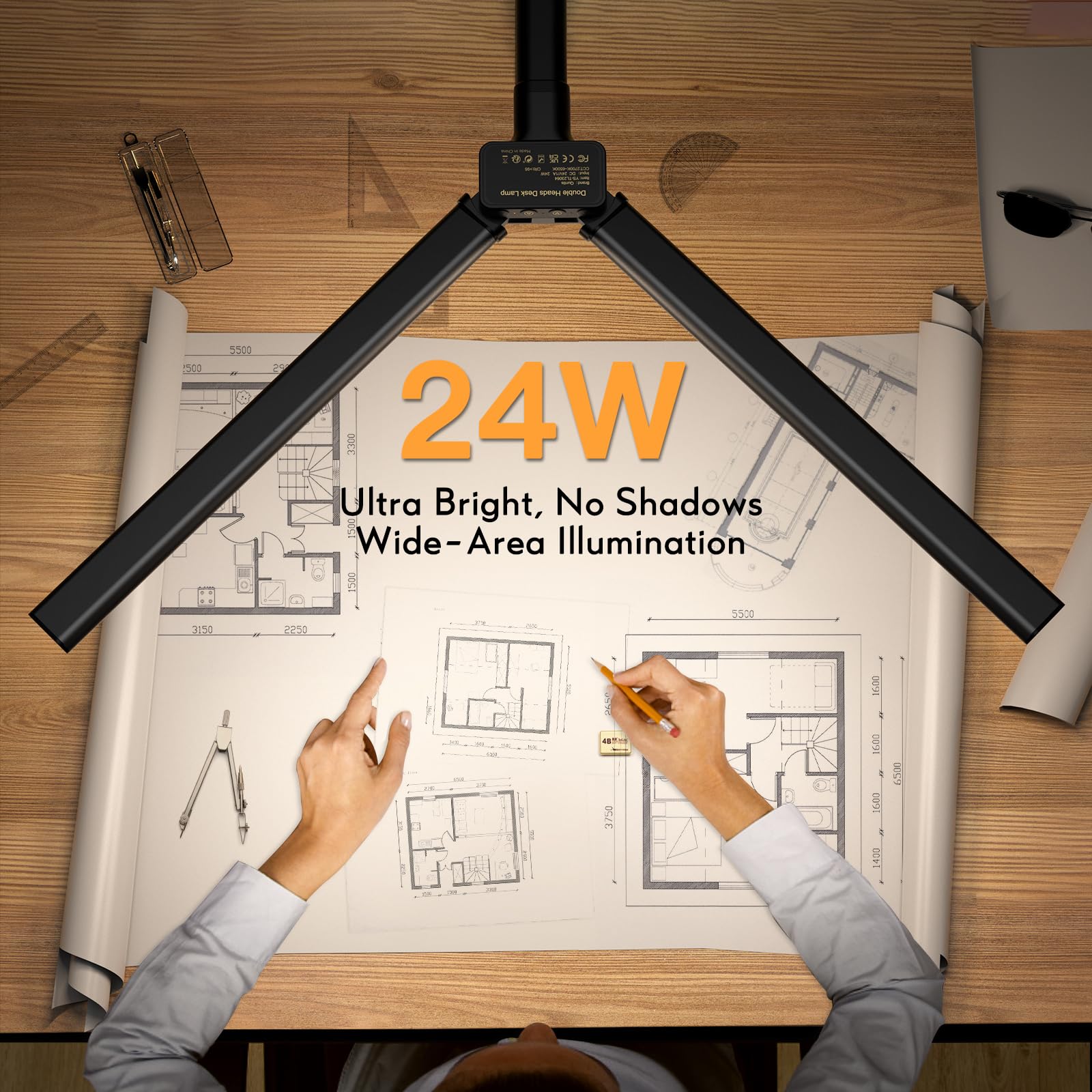Quntis 32-inch Double LED Desk Lamp with Clamp - 24W Dimmable Touch Control Office Light, Flexible Swan Neck for Reading, Studying, and Architectural Work - Perfect for Home Office, Study Room, and Workspace