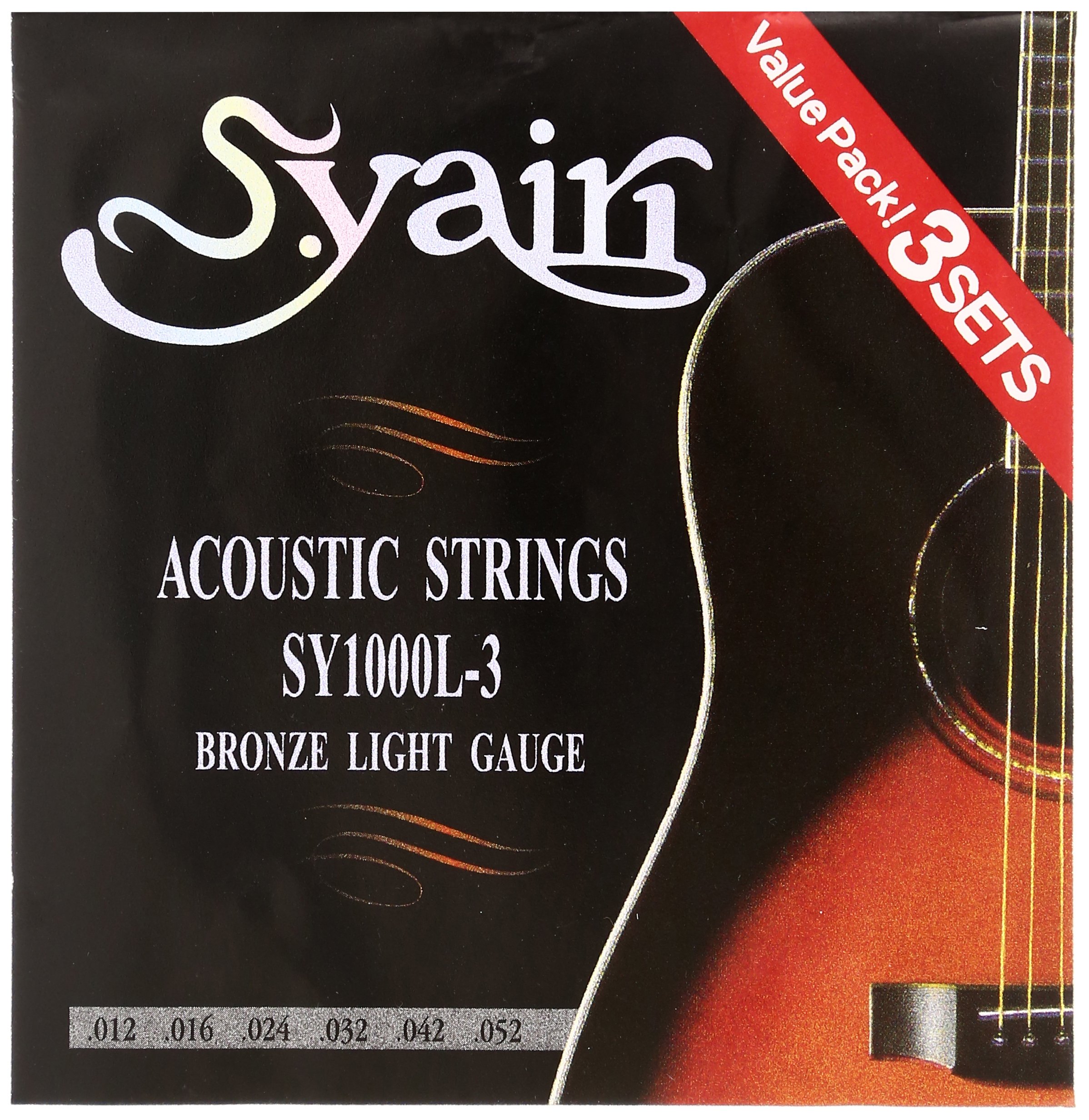 S.Yairi SY-1000L-3 Acoustic Guitar Strings Set of 3 Light Gauge (012-052) - Perfect for Folk, Country & Fingerstyle Playing
