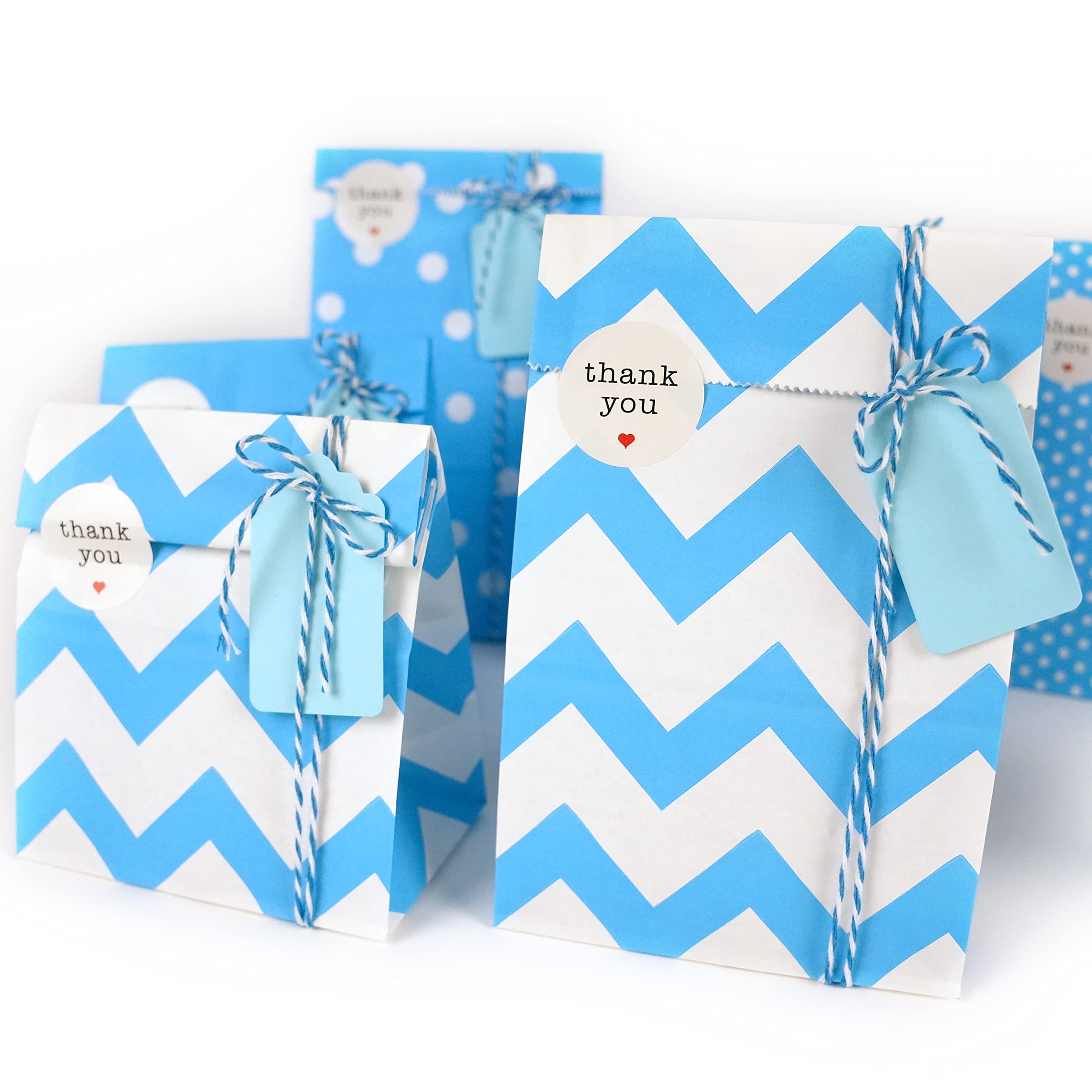 SMINTINE 30-Pack Blue Goodie Bags with Thank You Stickers - 5x3x9 Inch Blue Paper Gift Bags with Cotton Bakers Twine - Perfect for Kids Birthday Party Favors, Baby Shower Gifts, Wedding Favors & Holiday Treat Bags