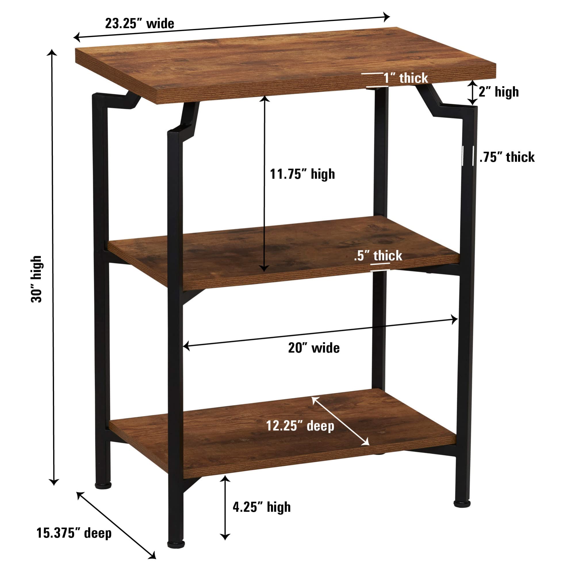 Rustic Hickory Wood Grain & Black Metal 3-Shelf Open Storage Bookshelf - Narrow Design for Home, Office, or Dorm Organization | Household Essentials Crown Collection