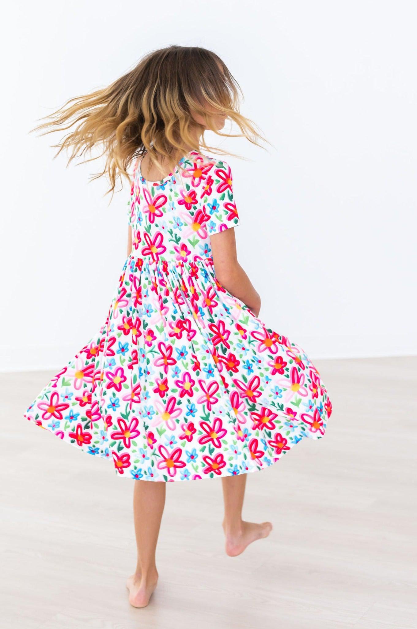 Neon Floral Short Sleeve Pocket Twirl Dress for Women - Perfect for Summer Parties, Beach Vacations & Casual Outings