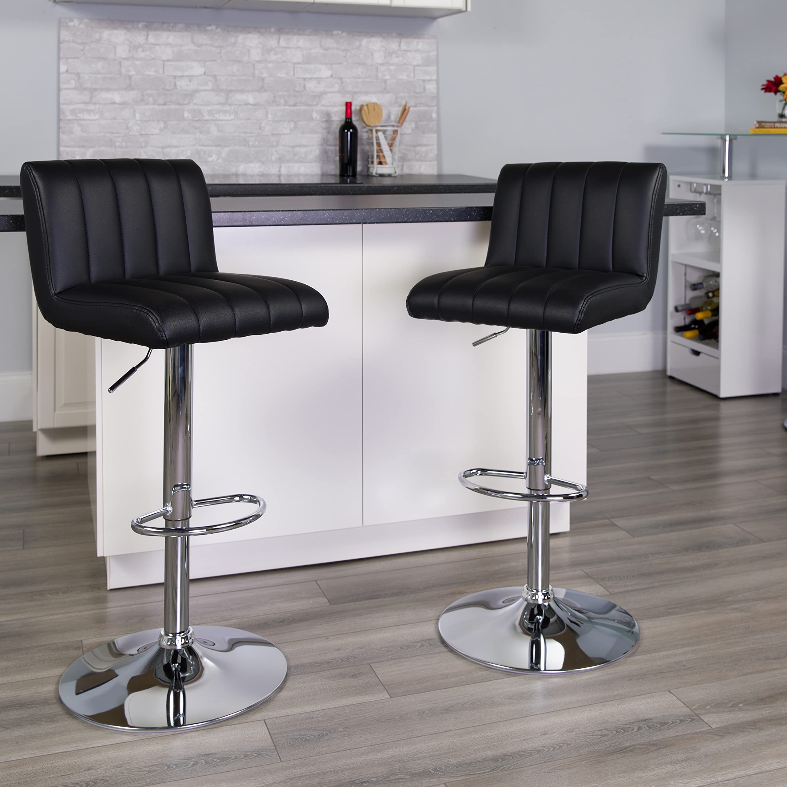 EMMA & OLIVER Black Vinyl Adjustable Height Bar Stool with Vertical Stitch Back - Modern Kitchen Island & Counter Height Stools for Dining, Bar, or Home Decor