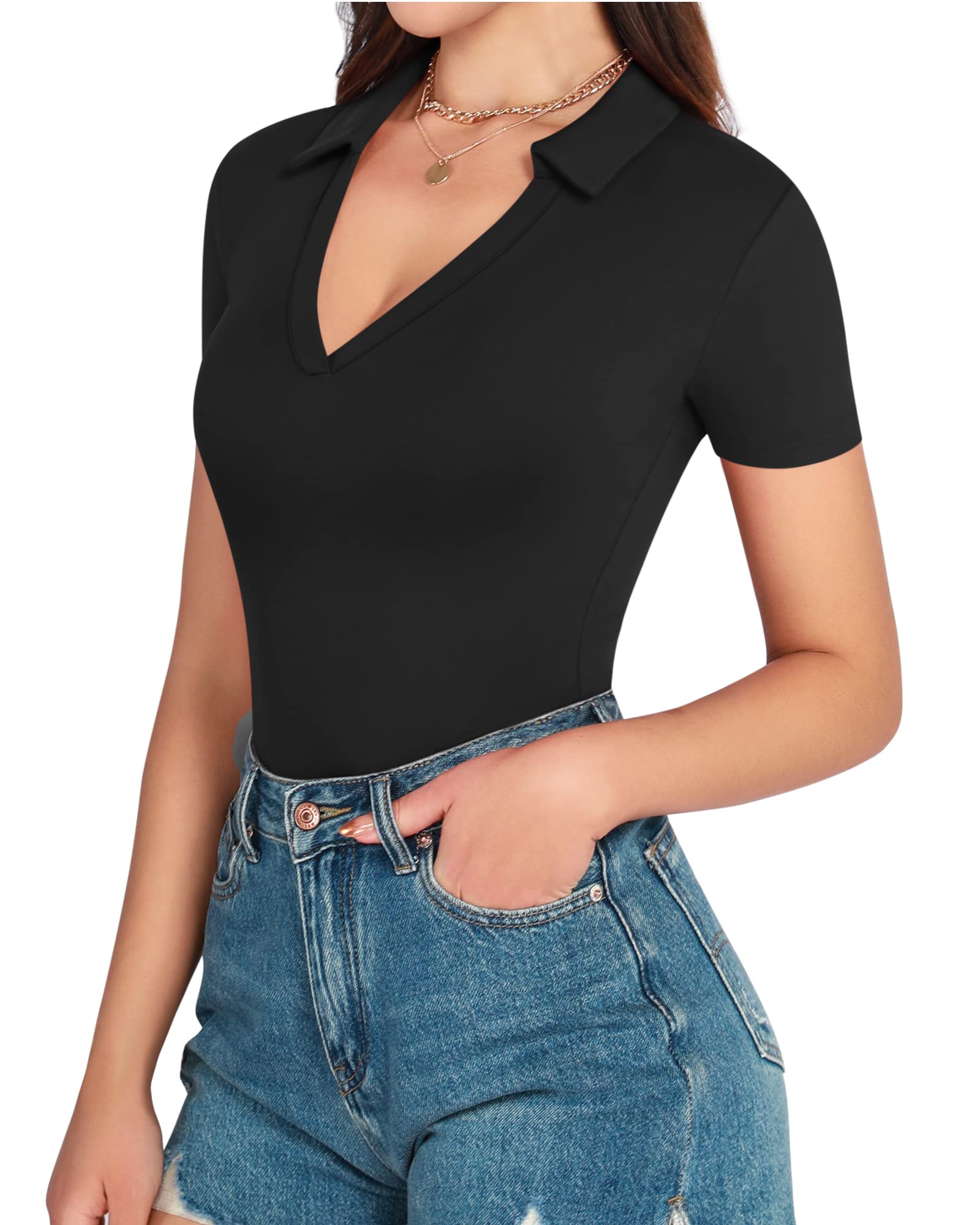 MANGOPOP Women's Long Sleeve V-Neck Collared Bodysuit - Stretchy Work Tops & Going Out Shirts for Office, Date Night & Casual Wear