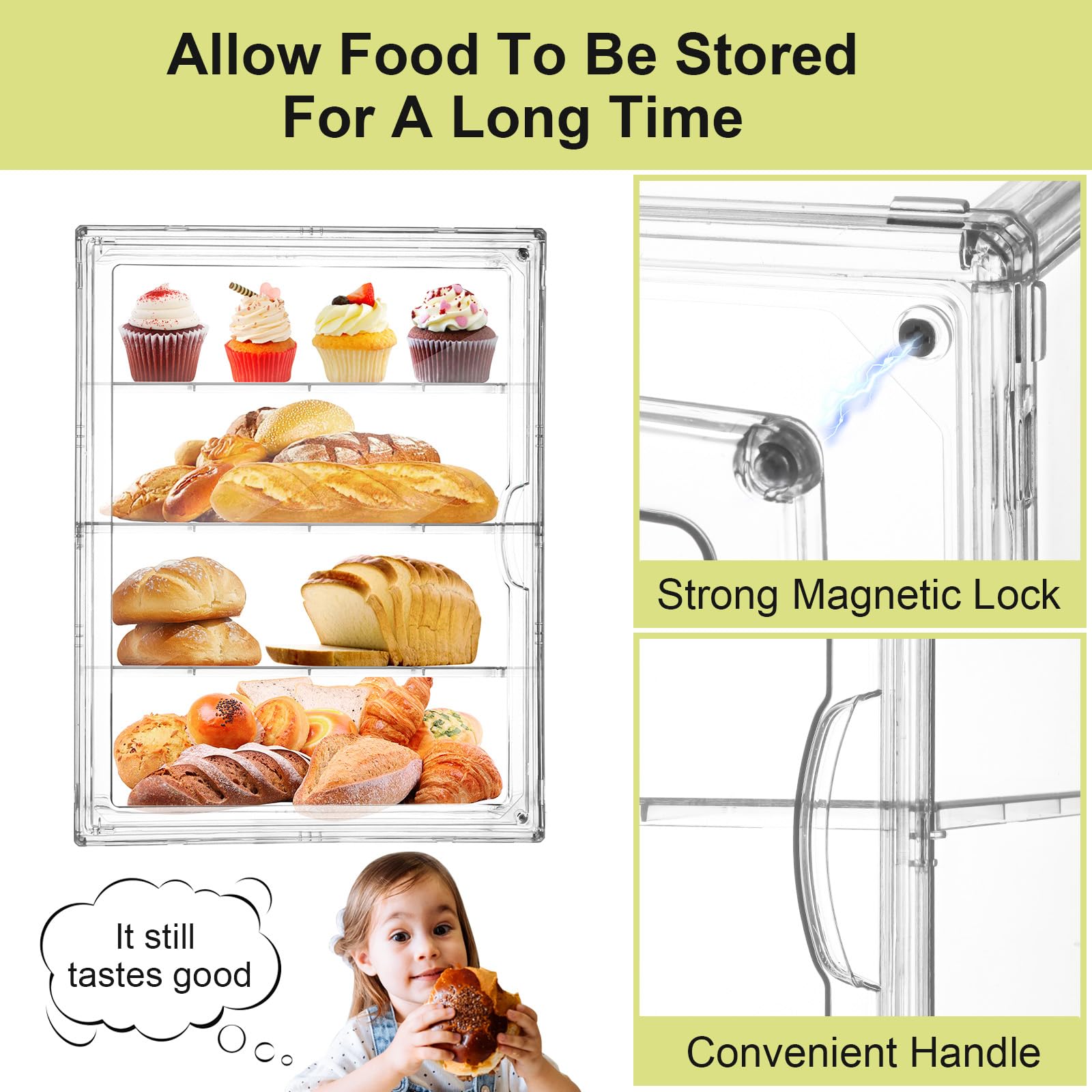4-Tier Adjustable Clear Pastry Display Case with Magnetic Door - Large Bread Storage Box for Kitchen Countertop - Perfect for Bakery, Pastry, Bagels & Muffins Display at Home or Commercial Use