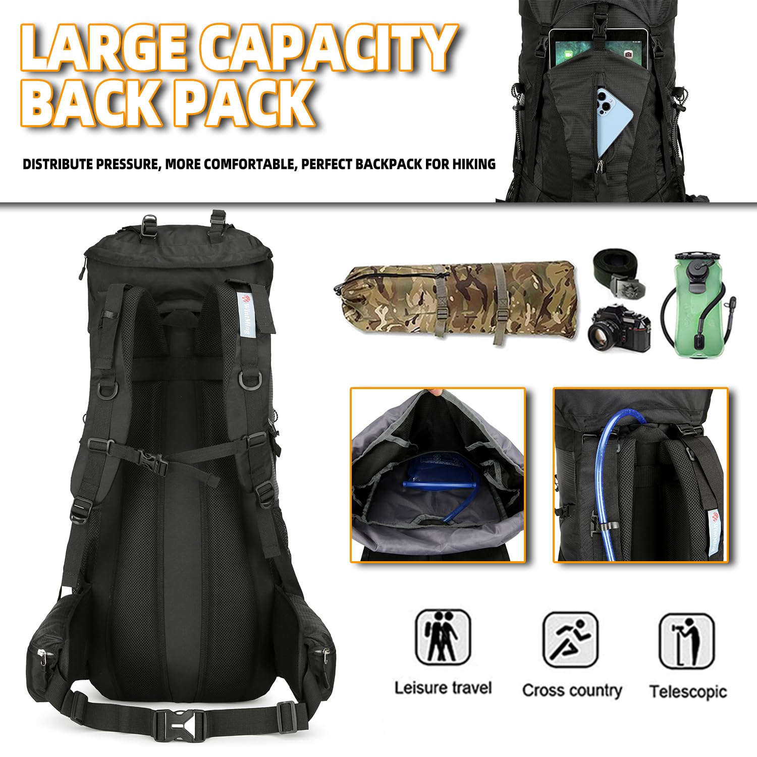 75L Waterproof Hiking Backpack for Men & Women - Lightweight Daypack for Outdoor Camping, Trekking & Travel with Rain Cover (Black) - Perfect for Backpacking, Mountain Climbing & Adventure Trips