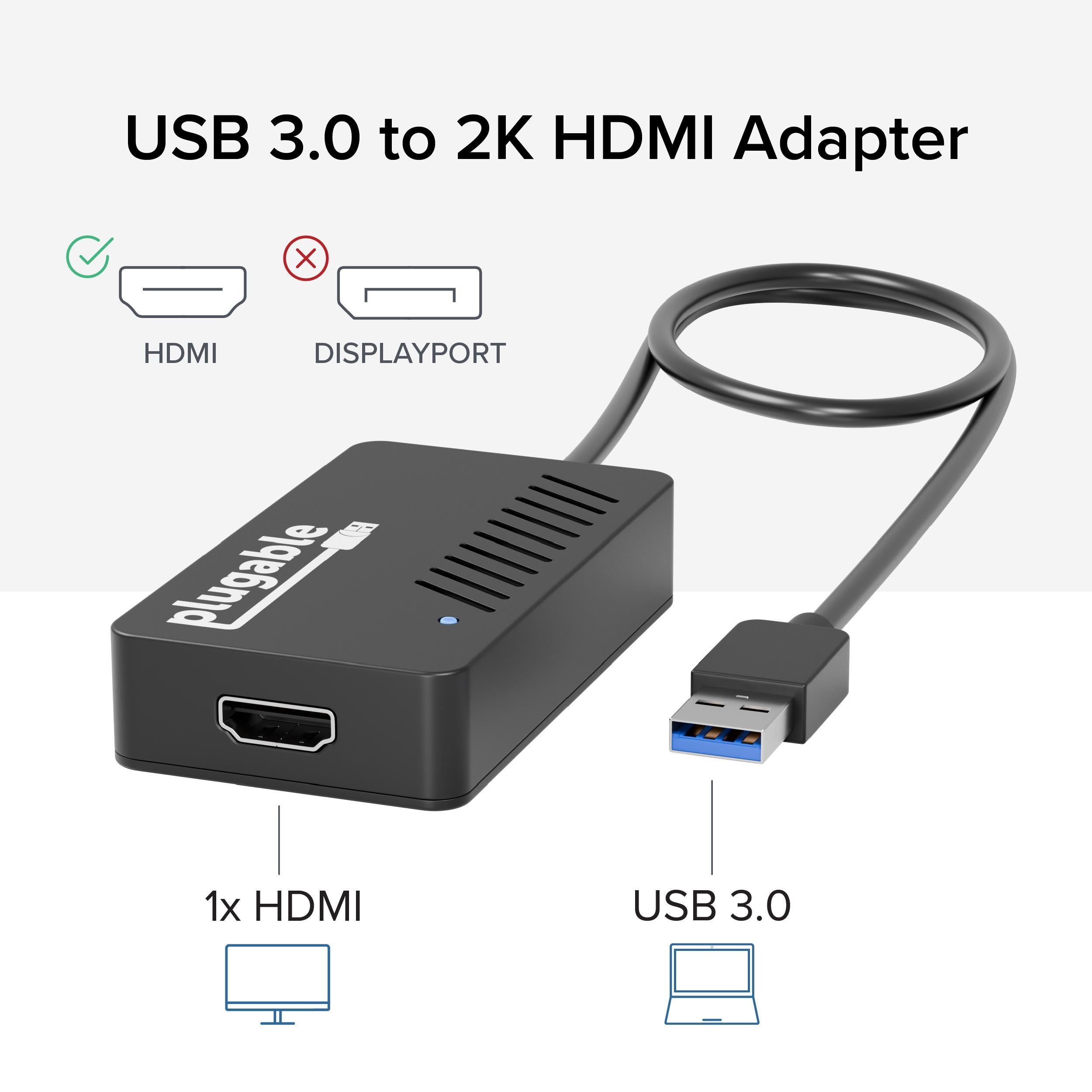 Plugable USB 3.0 to 2K HDMI Video Graphics Adapter with Audio Support - Dual Monitor Display Converter for Laptop & PC - Perfect for Home Office, Gaming & Multi-Tasking