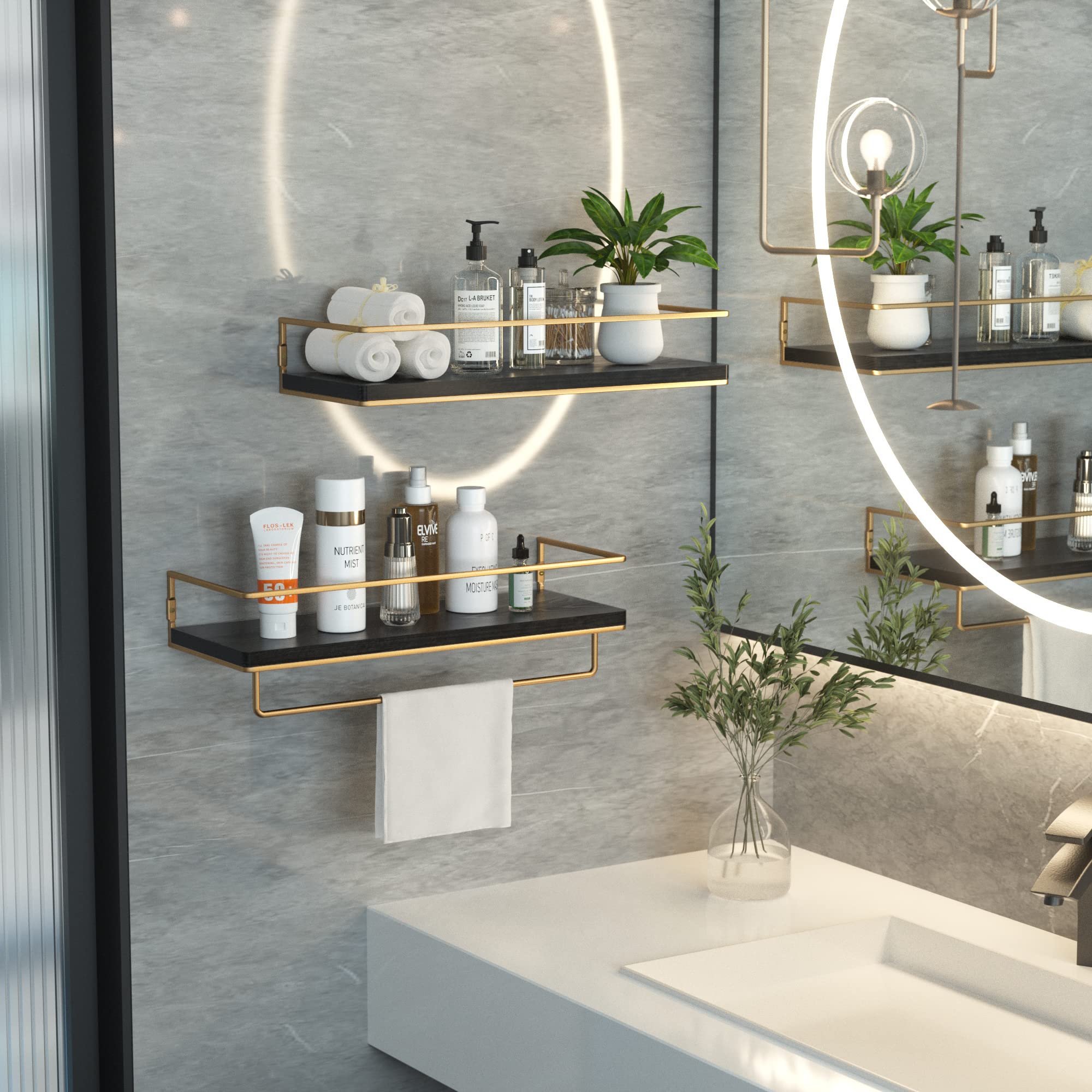Black Floating Shelves with Gold Towel Rack - Wall Mounted Storage Shelves Set of 2 for Bathroom, Kitchen & Bedroom - Space Saving Home Organization for Towels, Decor & Essentials