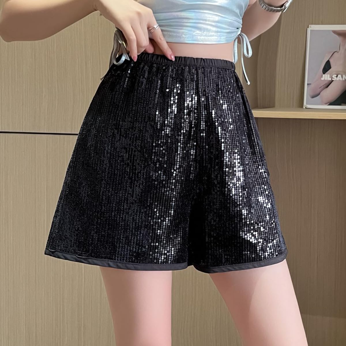 Sparkly High Waist Sequin Shorts for Women - Elastic Wide Leg Party Shorts with Pockets | Perfect for Night Out, Club Wear & Festivals