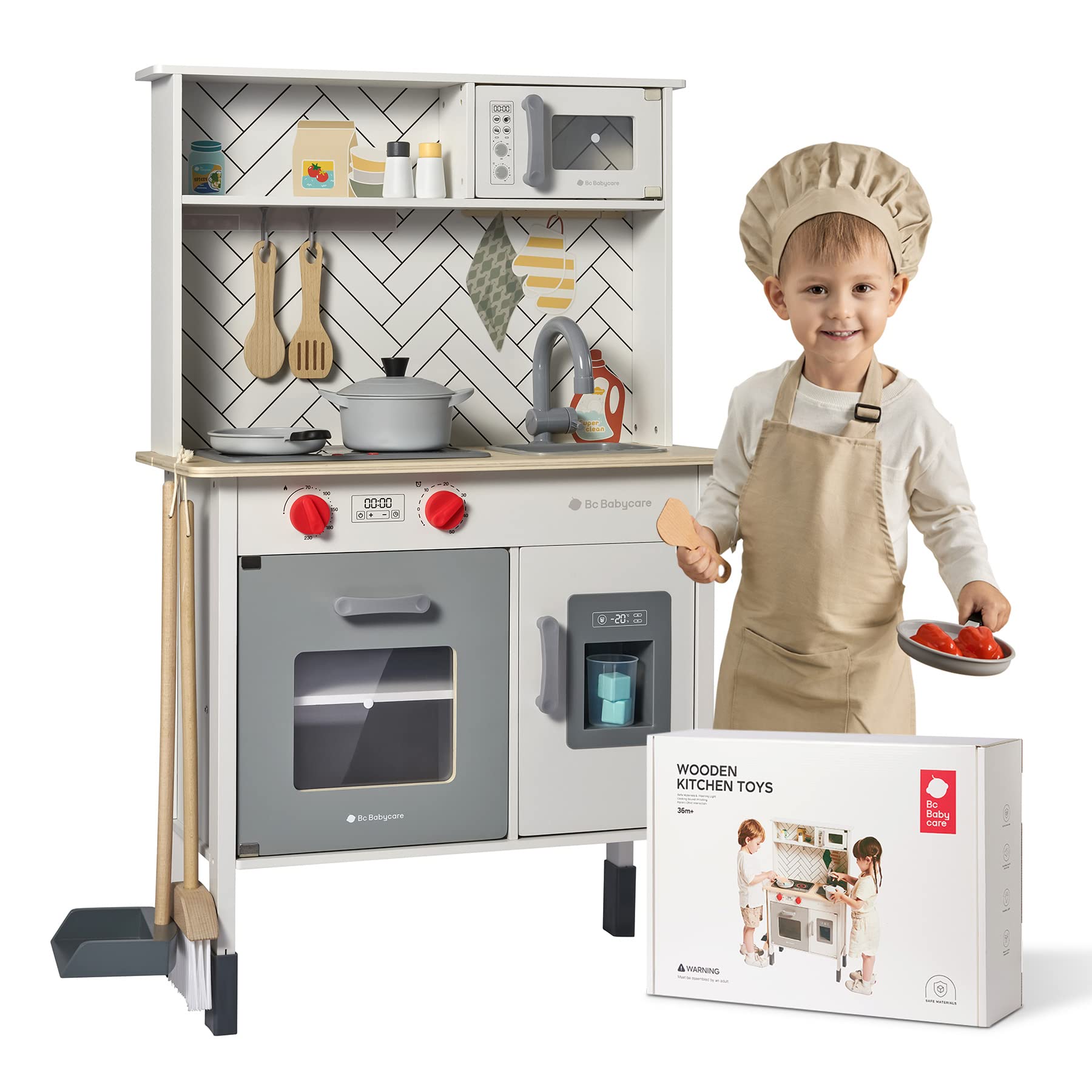 **Bc Babycare Wooden Play Kitchen for Toddlers 1-3 Years - Adjustable Kids Kitchen Playset with Realistic Design, Light & Sound, Ice Maker, Utensils, Oven & Sink - Perfect for Pretend Play, Role-Playing & Early Learning for Ages 4-6**