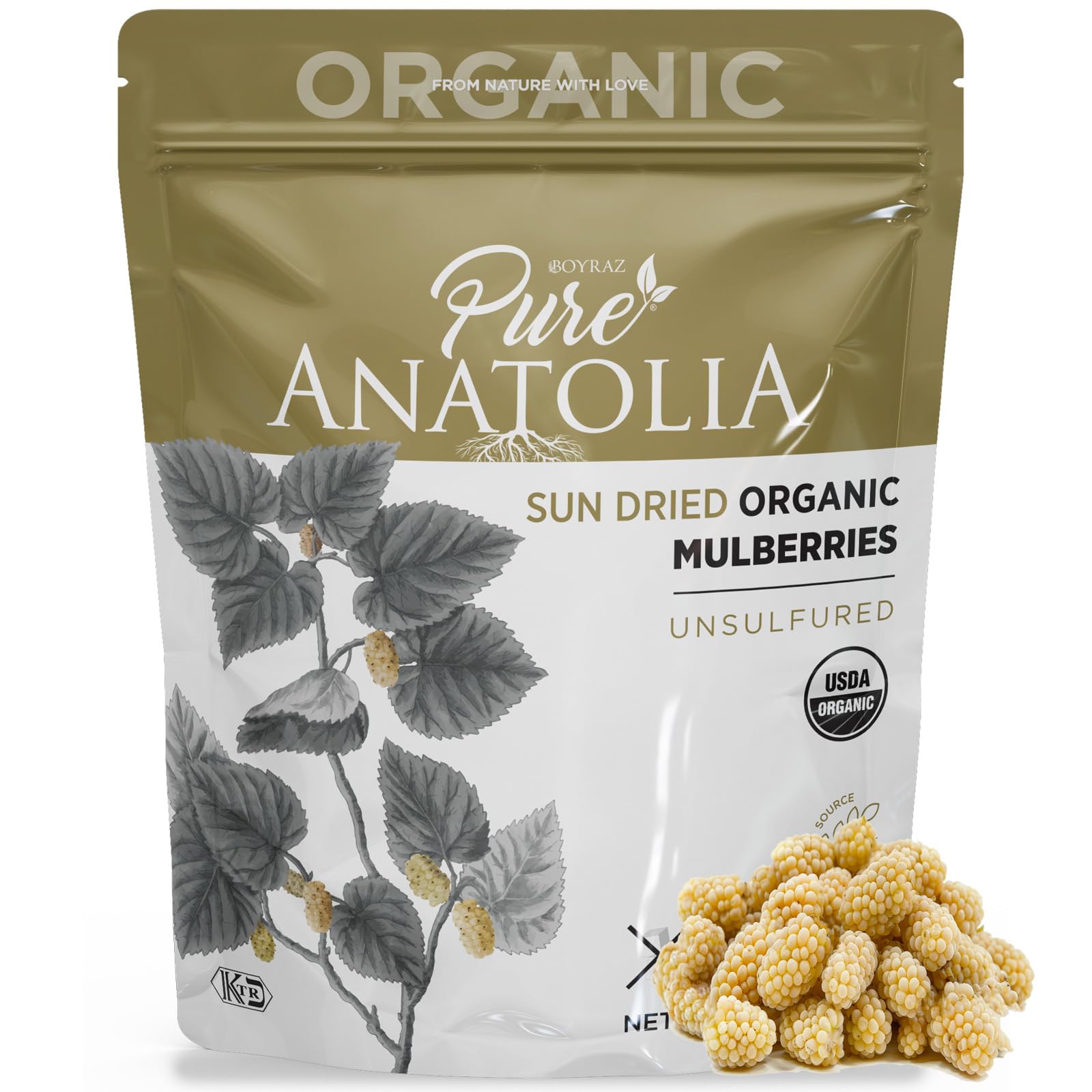 Organic Sun Dried White Mulberries - Healthy Fiber Snacks for Hiking & Baking
