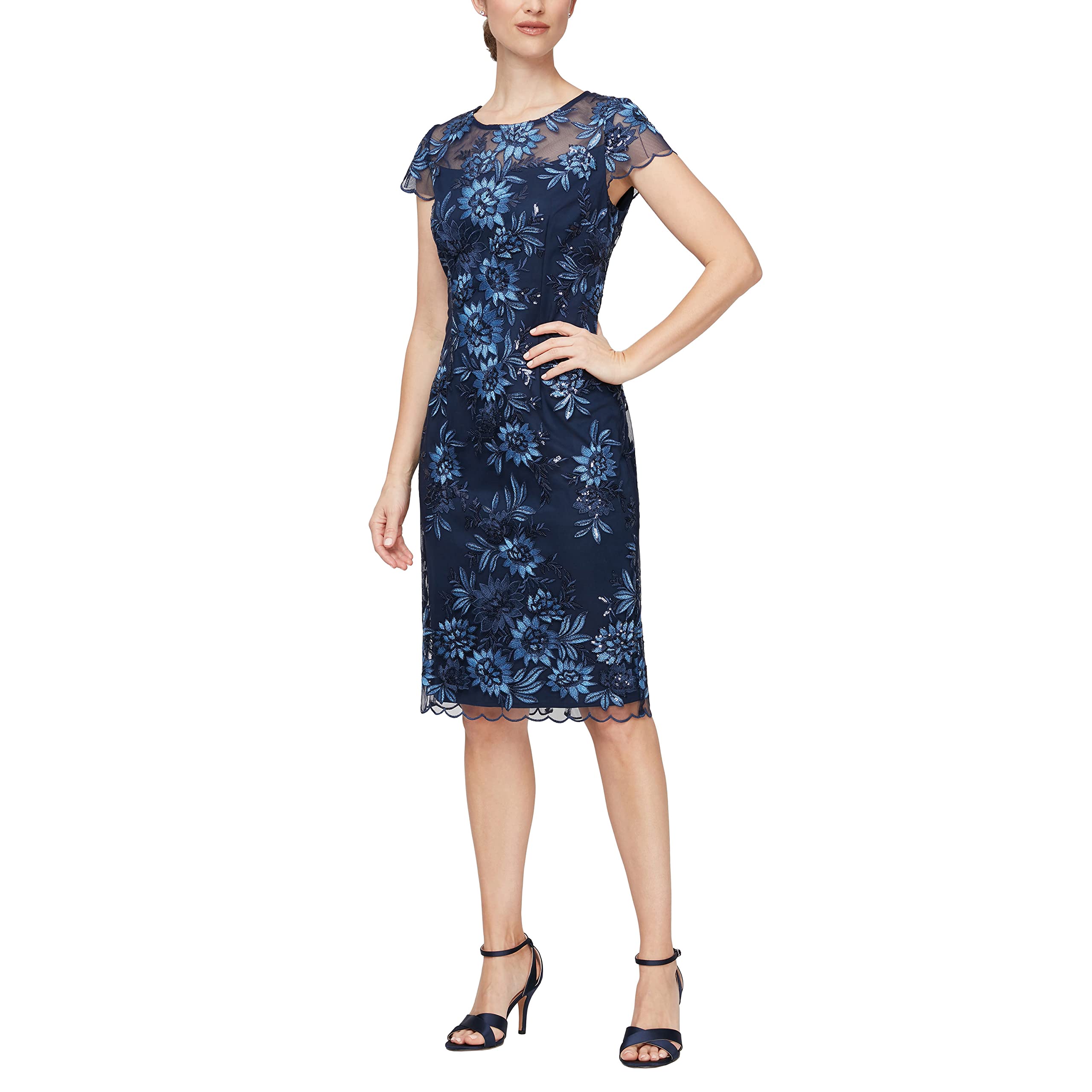 Alex Evenings Women's Floral Embroidered Cocktail Dress - Knee Length Sheath for Wedding Guest, Party & Special Occasions (Petite/Regular Sizes) | Elegant Formal Attire for Bridal Showers, Evening Events & Dinner Parties