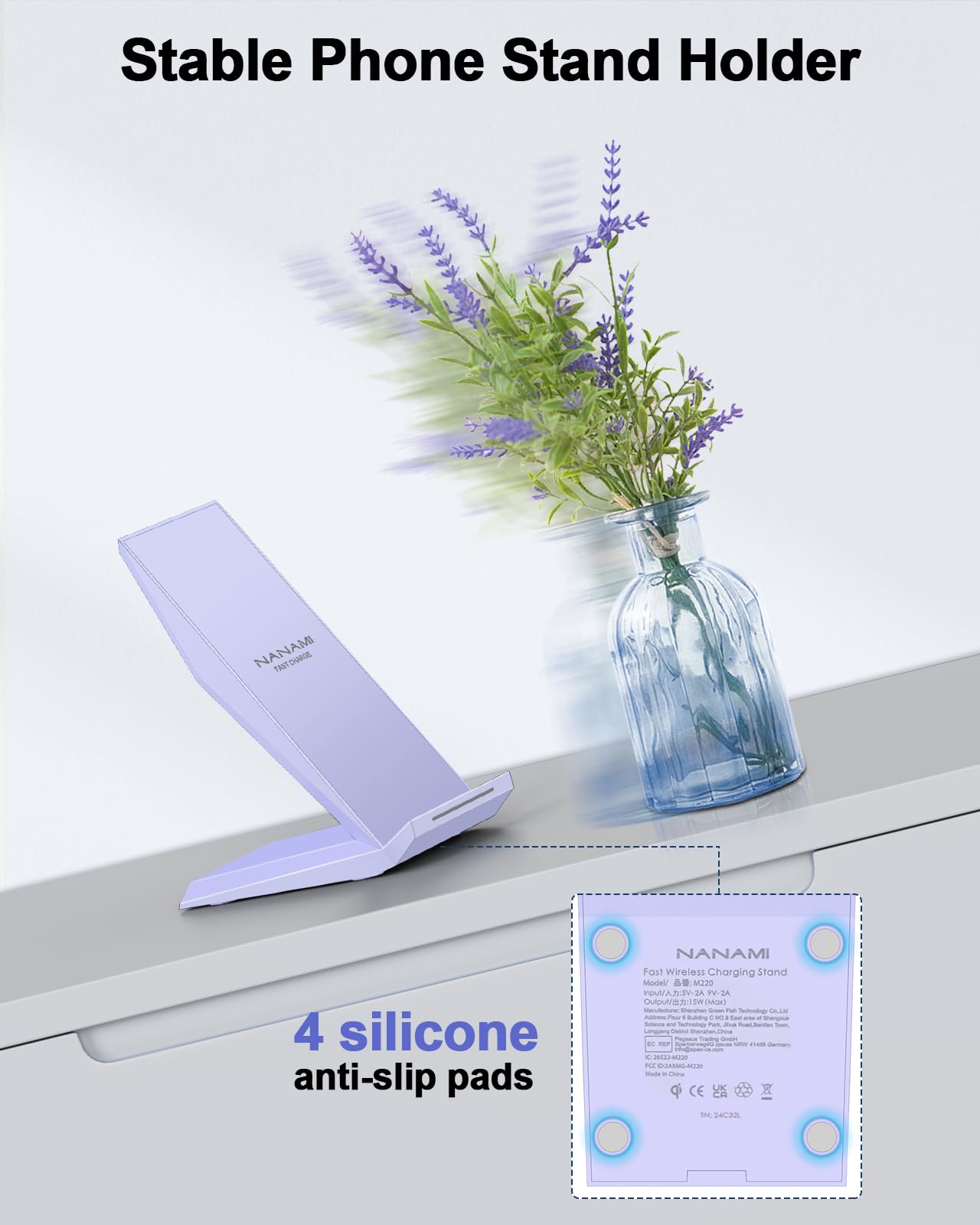 NANAMI Qi-Certified Fast Wireless Charging Stand - 15W Fast Wireless Charger Compatible with iPhone 16/15/14/13/12/11/X, Samsung Galaxy S25/S24/S23/S22/S21, AirPods Pro - Perfect for Home, Office & Nightstand Charging