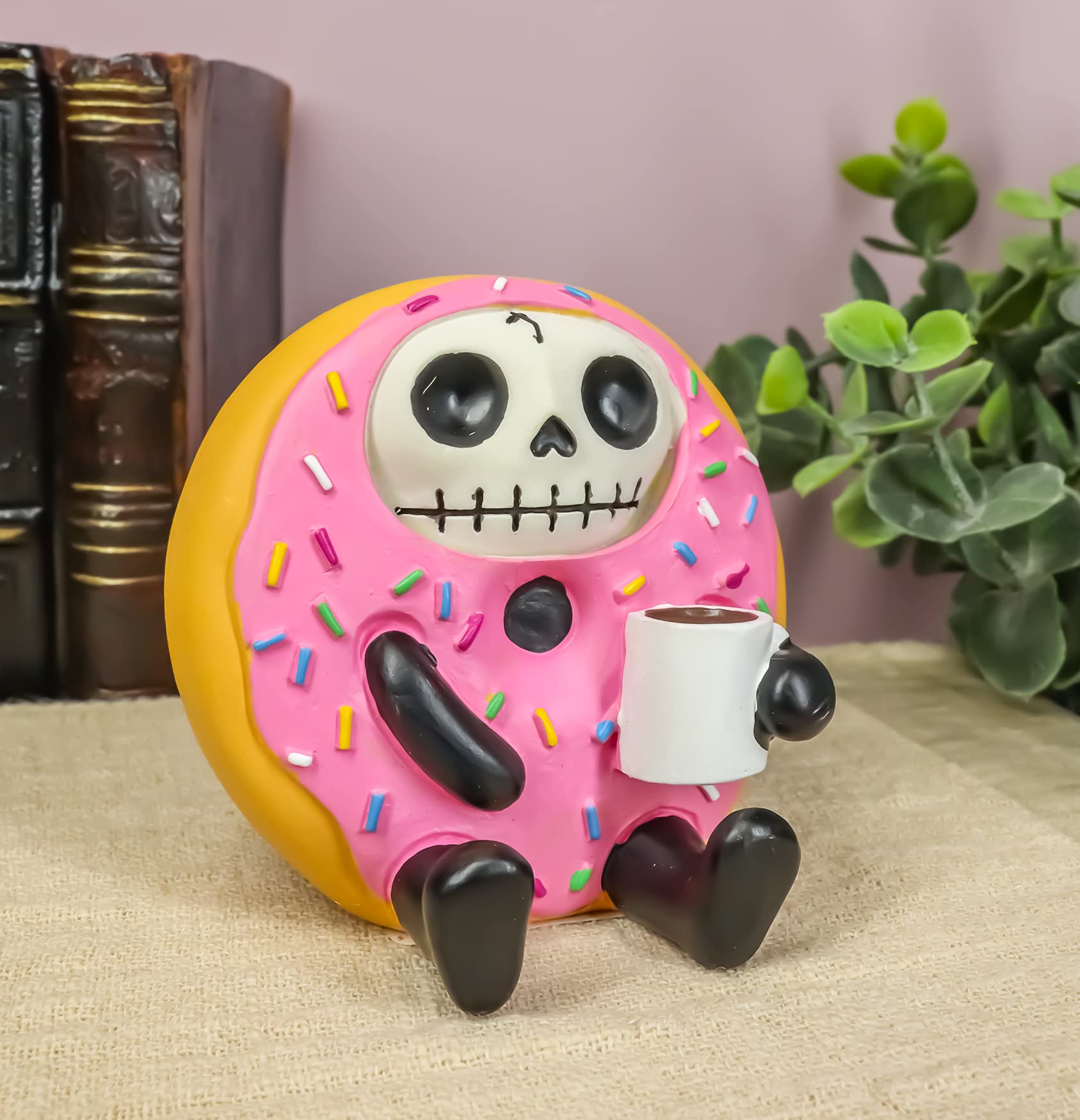 Ebros Gift Furrybones Donatsu Strawberry Sprinkles Donut Skeleton with Milk Figurine - Cute Skull & Bone Collectible for Halloween Decor, Gothic Home Decor, or Kawaii Desk Accessory