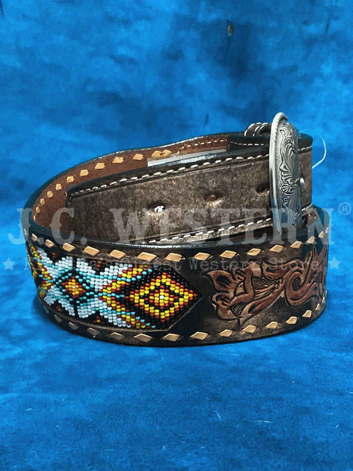 D100013402 Men's 3D Buck Lacing Beaded Inlay Leather Belt - Brown Western Style Belt for Cowboy Boots & Jeans | Perfect for Rodeo, Country Music Festivals & Casual Wear