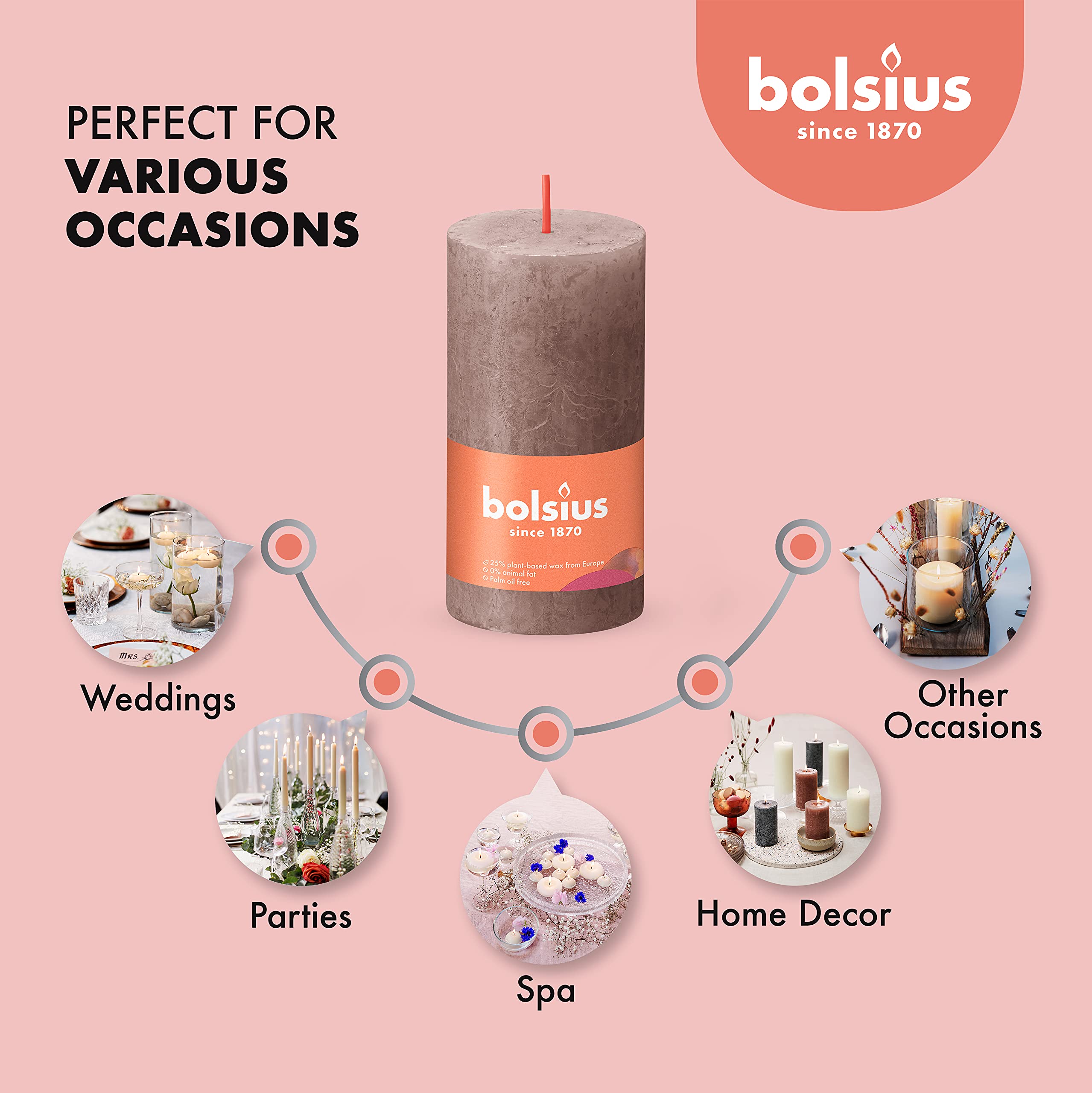 BOLSIUS 4 Pack Taupe Rustic Pillar Candles - 2 X 4 Inches - Premium European Quality - Unscented Dripless Smokeless 30 Hour Burn Time - Natural Plant-Based Wax - Perfect for Wedding Centerpieces, Romantic Dinner Decor, and Party Lighting