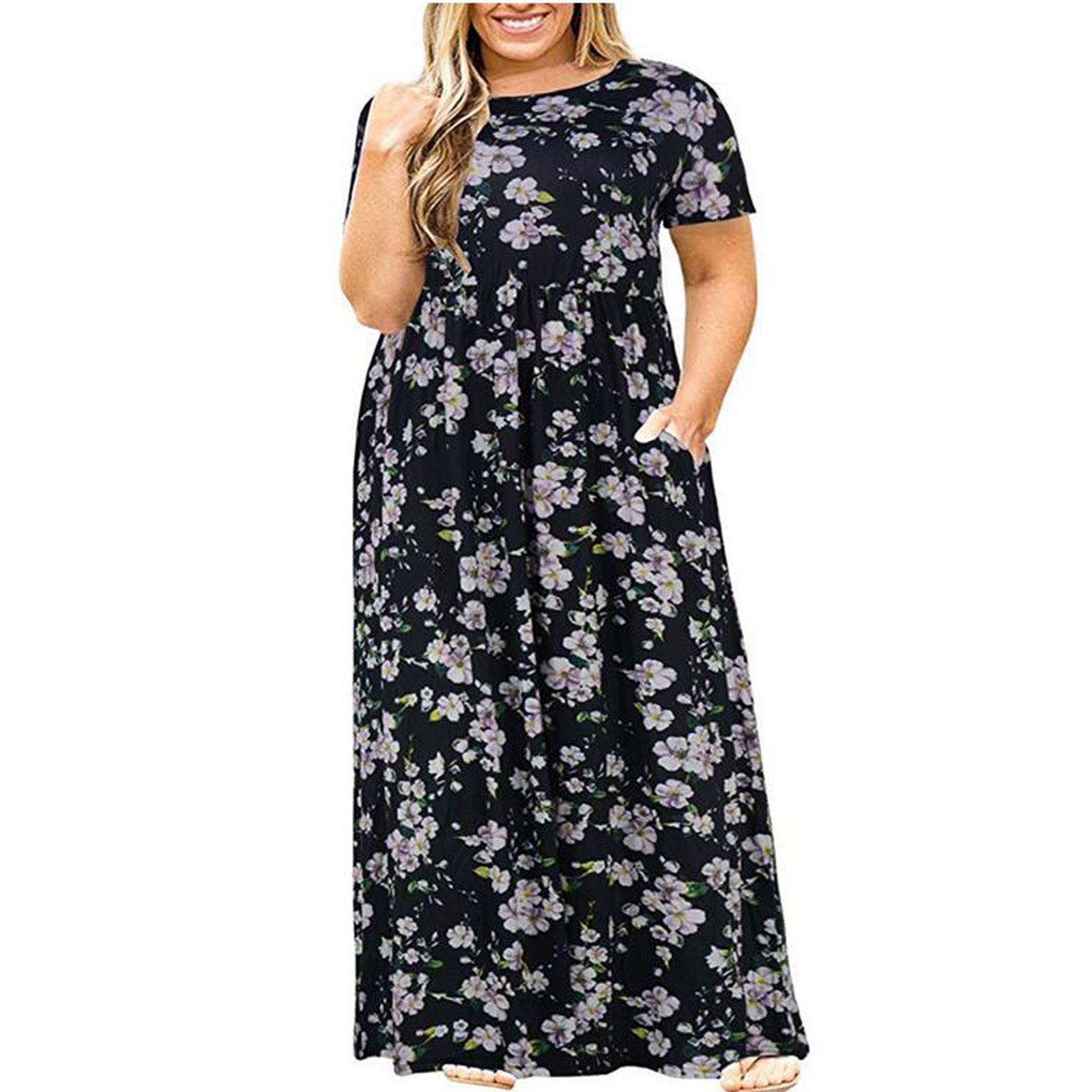 Beautyolove Plus Size Women's Casual Short Sleeve Maxi Dress with Pockets - Loose Empire Waist Long Summer Dress for Beach, Vacation & Everyday Wear
