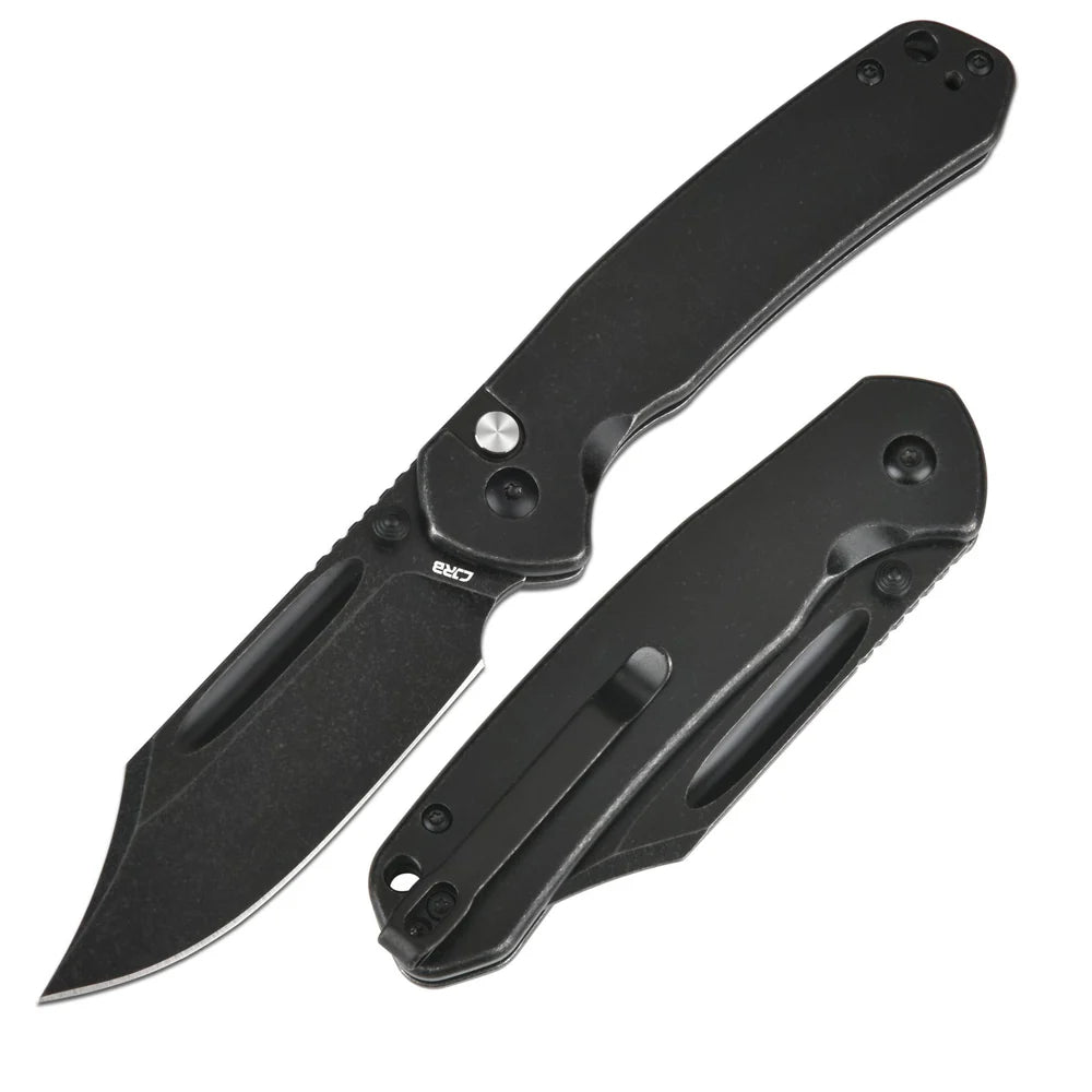 CJRB Pyrite Button Lock Folding Knife - Black Stonewash Drop Point Blade & Stainless Steel Handle - EDC Pocket Knife for Camping, Hiking, Outdoor Survival