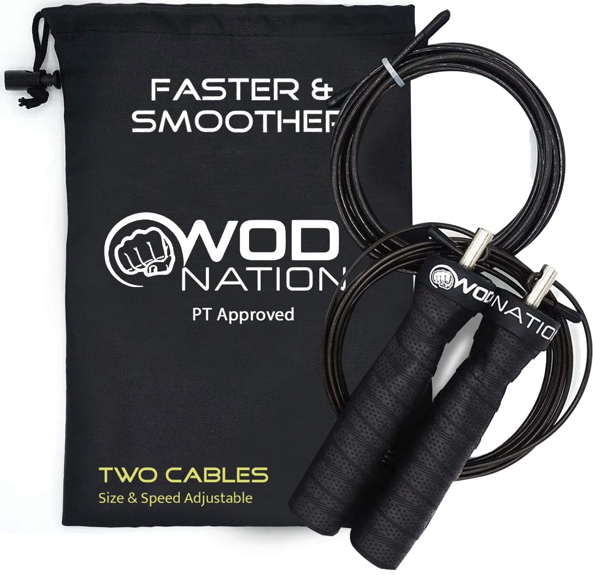 WOD Nation Attack Speed Skipping Rope - Adjustable Jump Rope for CrossFit & Boxing Training with Dual Cable System (Thick & 11ft Lightweight Cable) - Perfect for Home Gym, Cardio Workouts & Fitness Enthusiasts
