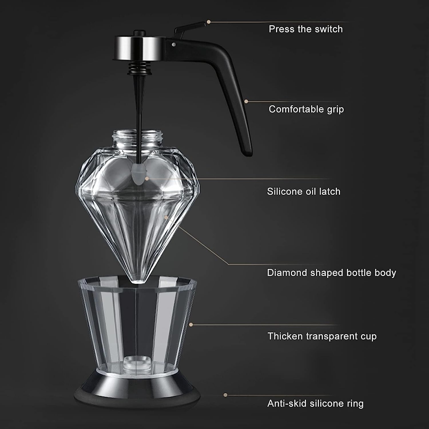Premium Diamond-Shaped Honey Dispenser Pot - No Drip Syrup Dispenser for Pancakes, Waffles & Desserts | Elegant Honey Jar with Stand Base for Kitchen & Dining | Perfect for Honey, Edible Oil, Vinegar, Soy Sauce & More | Ideal for Breakfast, Tea Time & Family Gatherings