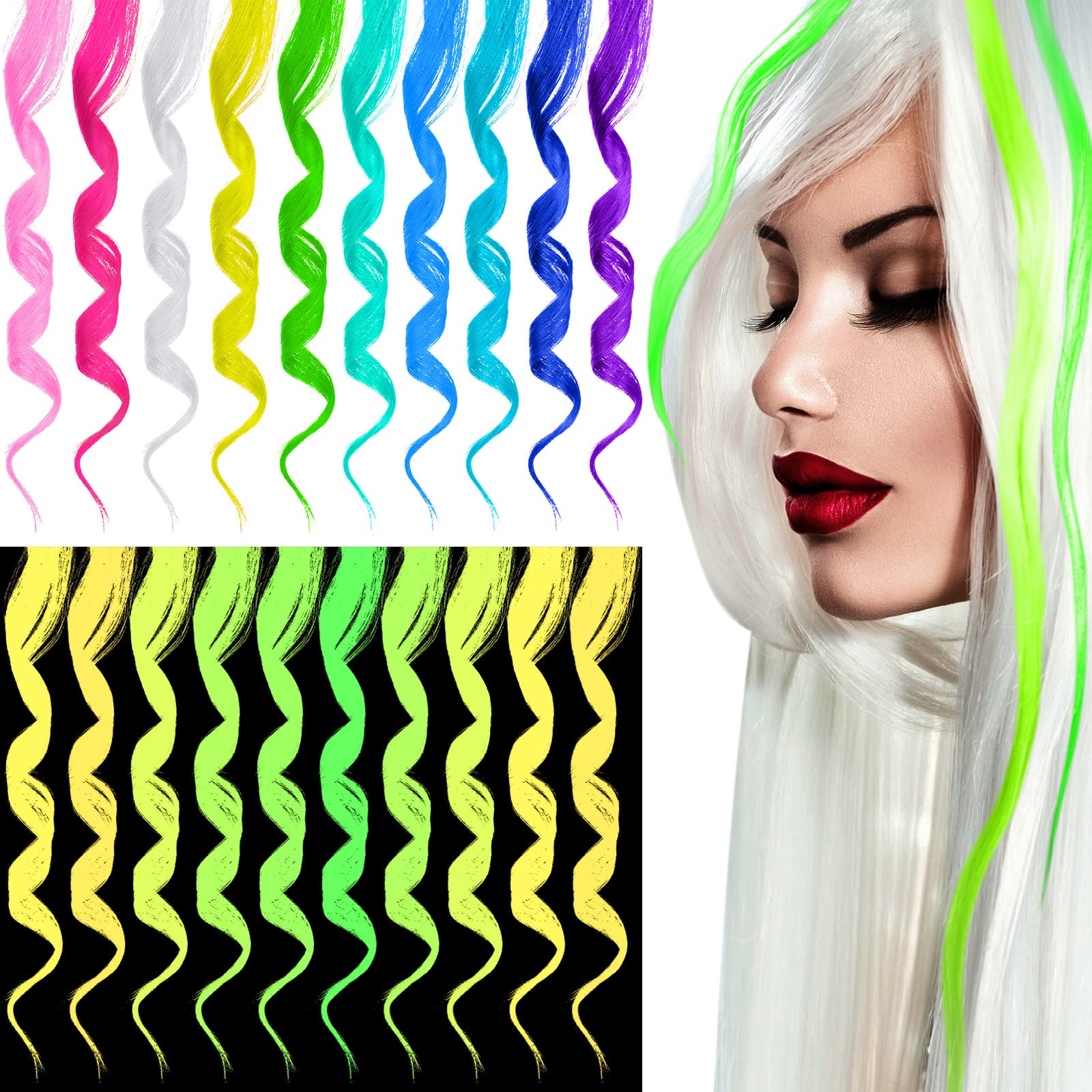 20 Pcs Glow in the Dark Hair Extensions - Luminous Synthetic Hair Clips for Women & Kids - 10 Vibrant Neon Colors (Curly Style) - Perfect for Parties, Raves, Halloween & DIY Hairstyles
