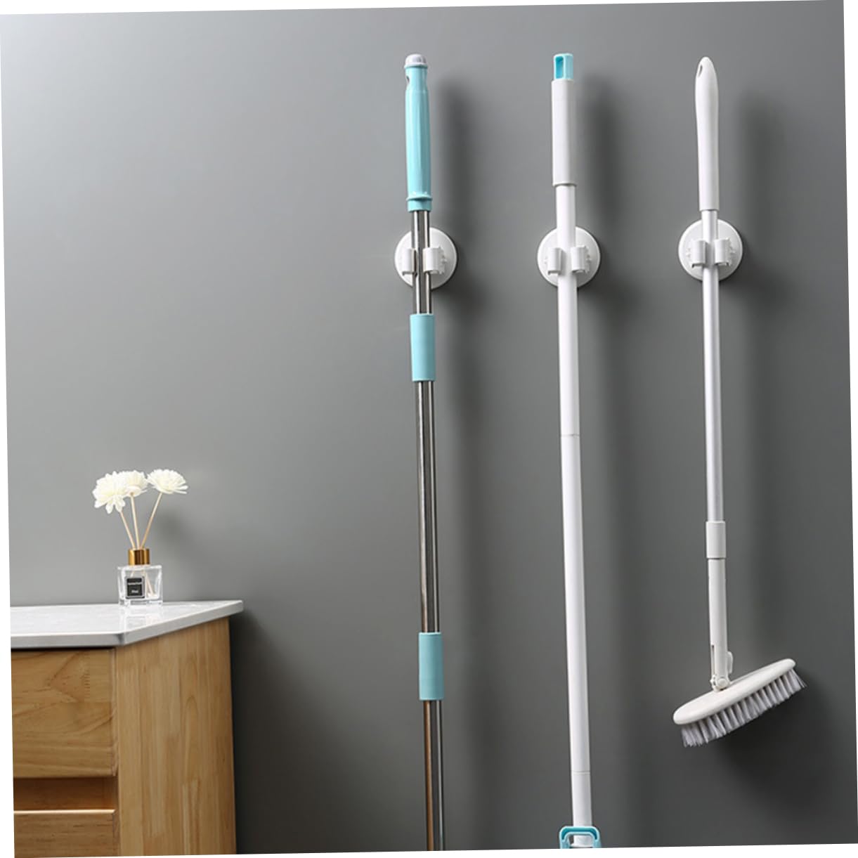PRETYZOOM Ergonomic Mop and Broom Holder - Space Saving Wall Mount Organizer with Cup Clamps for Kitchen, Bathroom, Garage & Utility Room Storage