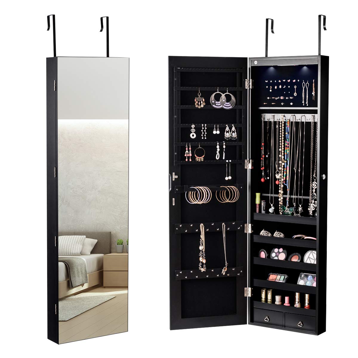 GOFLAME Wall Mounted Jewelry Armoire Cabinet - Full Length Mirror with LED Lights, Lockable Storage for Necklaces, Rings & Earrings - Includes 36 Hooks, Scarf Rod & Makeup Pouch (Black) | Perfect for Bedroom, Closet & Dressing Room Organization