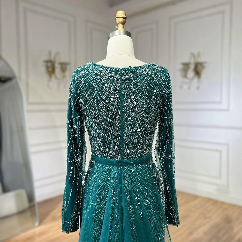 Luxury Green Beaded Mermaid Evening Dress for Muslim Women - Dubai Wedding Party Gown with Overskirt - Serene Hill LA72032D | Perfect for Formal Events, Bridal Showers & Special Occasions