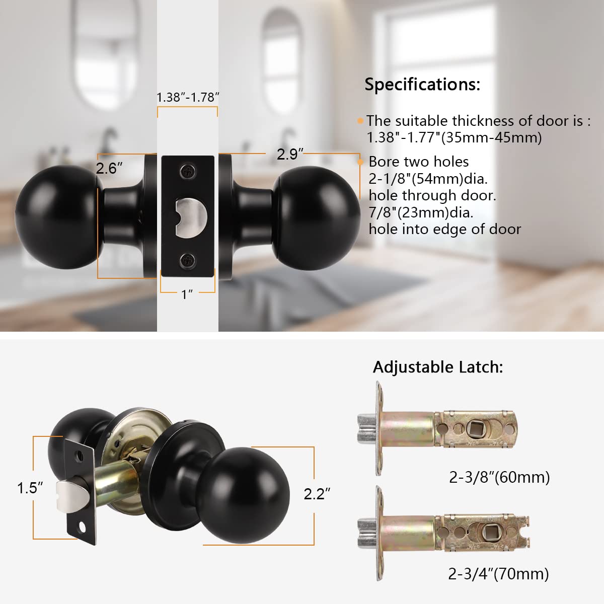 Probrico Black Round Ball Passage Door Knob - Keyless Non-Locking Interior Door Handle for Hallway & Closet (1 Pack) - Perfect for Bedrooms, Bathrooms & Interior Doors