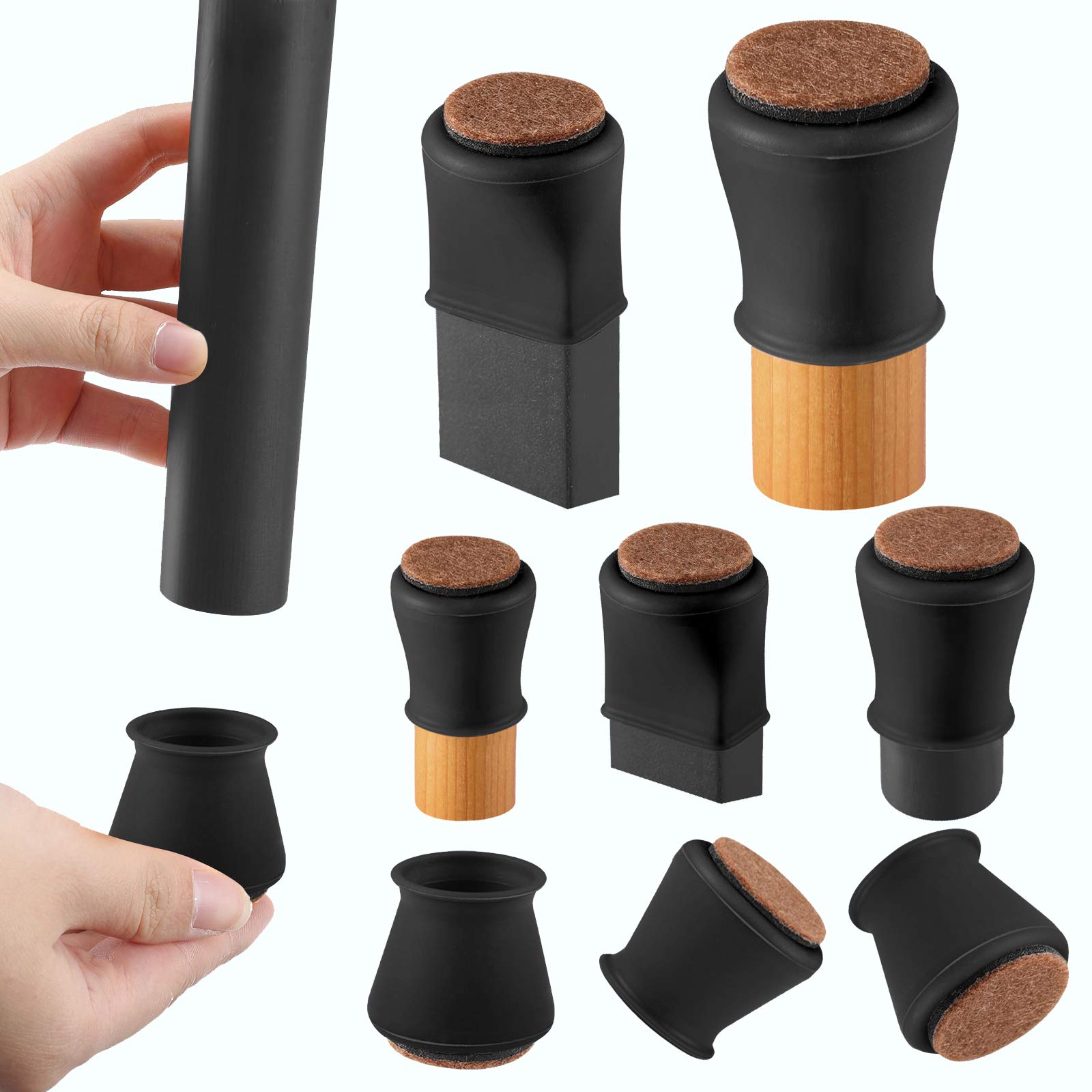 Premium Black Silicone Chair Leg Floor Protectors with Felt Pads - 16 Pcs Large Furniture Leg Caps (1.5