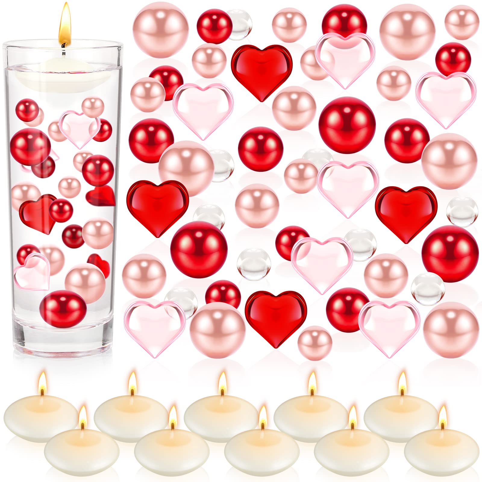 MTLEE 2116 Red Love Pearls Vase Fillers with 10 Floating Candles - Romantic Table Decor for Dating & Home