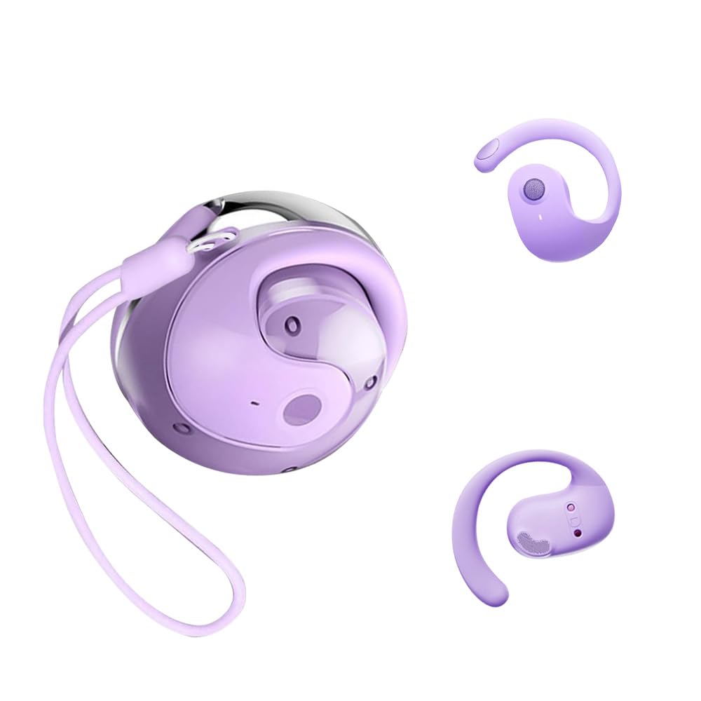 Bluetooth 5.4 Wireless Earbuds with Ear Hook - Low Latency Gaming Headphones, TWS Ball Shape Over Ear Earphones with Charging Case for Workouts, Running, Travel & Mobile Gaming (Purple)