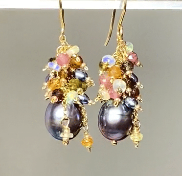 Tourmaline & Opal Cluster Earrings with Black Peacock Pearls - Elegant Dangle Jewelry for Women, Perfect for Parties, Weddings & Special Occasions