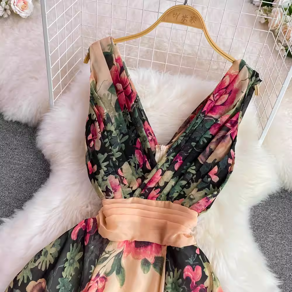 Elegant V-Neck Printed A-Line Dress for Women - Flowy Summer Casual Dress with Pockets | Perfect for Parties, Weddings & Office Wear