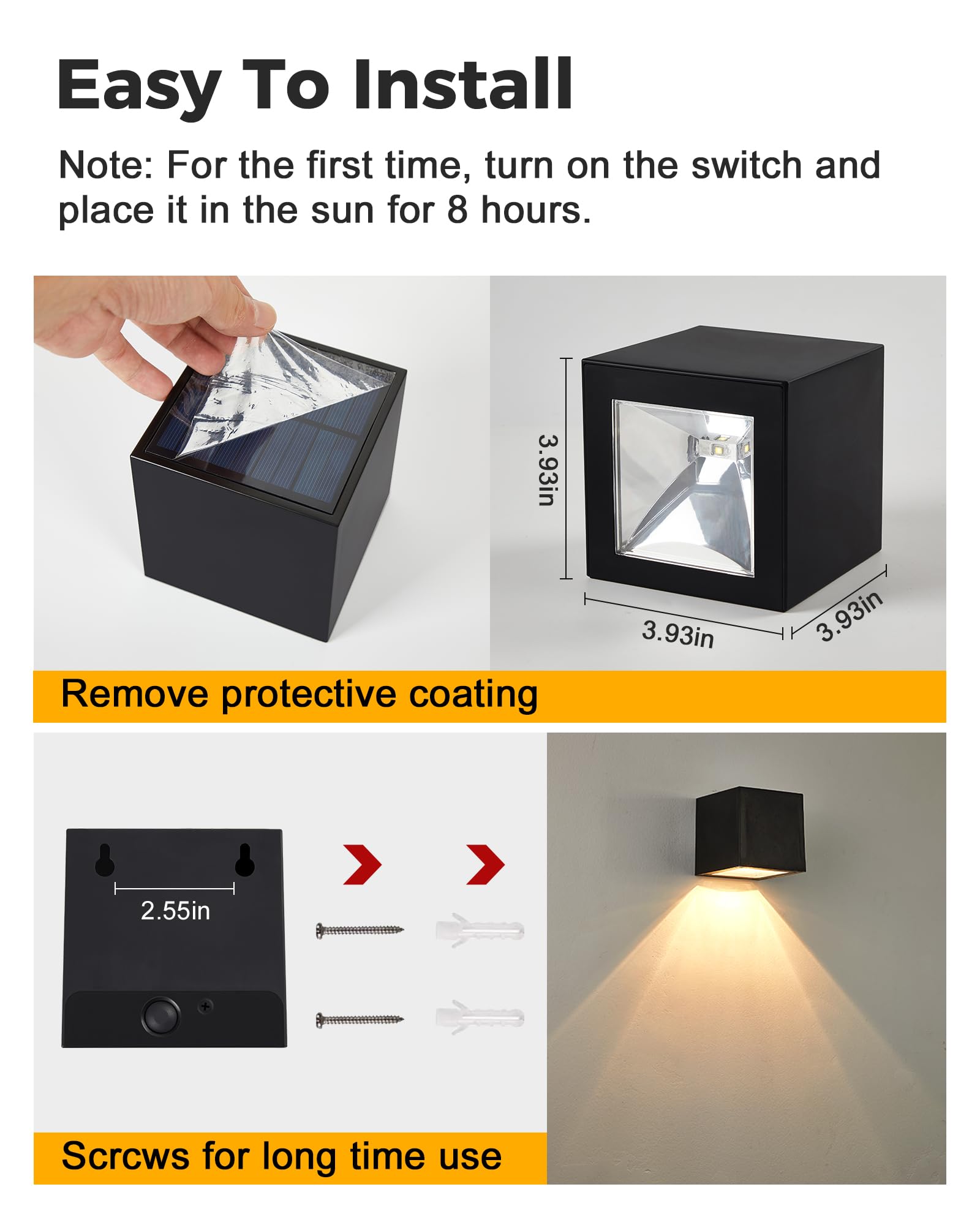 LUHLEE Solar Wall Lights Outdoor - IP65 Waterproof Square Modern Solar Sconce Lights for House, Porch, Garden, Yard, Patio & Fence - Perfect for Pathway, Deck & Landscape Lighting at Night