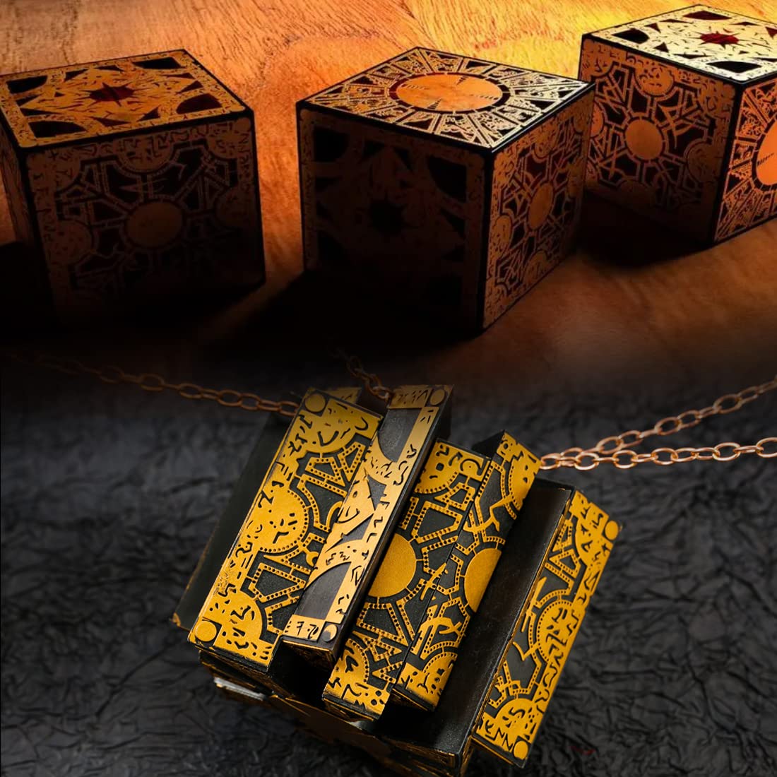 Hellraiser Puzzle Box - Detachable Deformation with Chains & Base, Lament Configuration Horror Movie Prop - Full Functional Puzzle Box for Collectors, Model Decoration & Cosplay Scenes