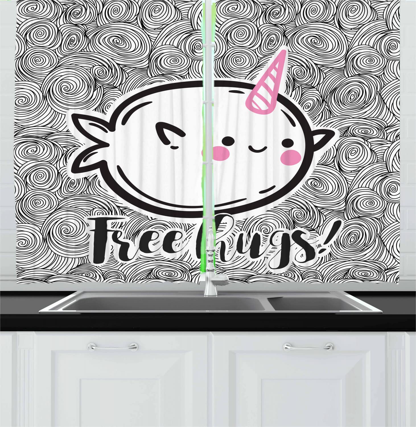 Ambesonne Narwhal Print Kitchen Curtains - Abstract Spiral Doodle Design with Arctic Ocean Mammals, 2 Panel Rod Pocket Drapes 55