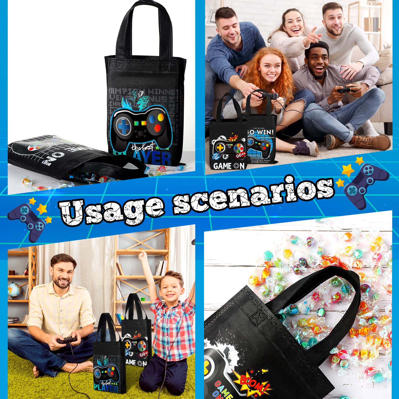 24 Pack Video Game Themed Gift Bags - Reusable Party Favors with Handles for Birthday, Baby Shower & Game Night - Non-Woven Goody Treat Bags for Kids & Adults