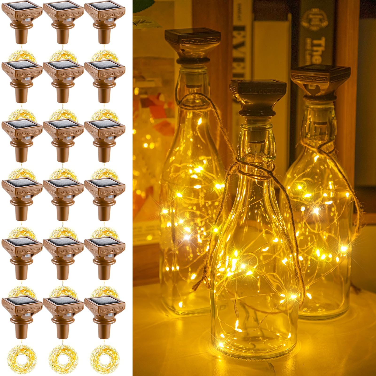 18 Pack Solar Bottle Lights with 20 LEDs - Waterproof Copper Fairy Lights for Outdoor Decor - Perfect for Weddings, Holidays, Garden & Patio Decoration - Creates Magical Ambiance for Evening Gatherings
