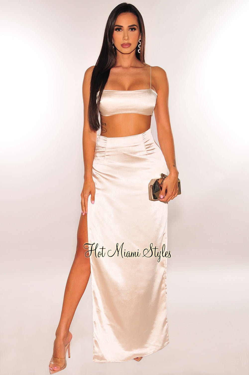 Champagne Elastic Satin Straps Silky Slit Skirt Two Piece Set - Elegant Women's Party Outfit for Evening Events & Date Nights