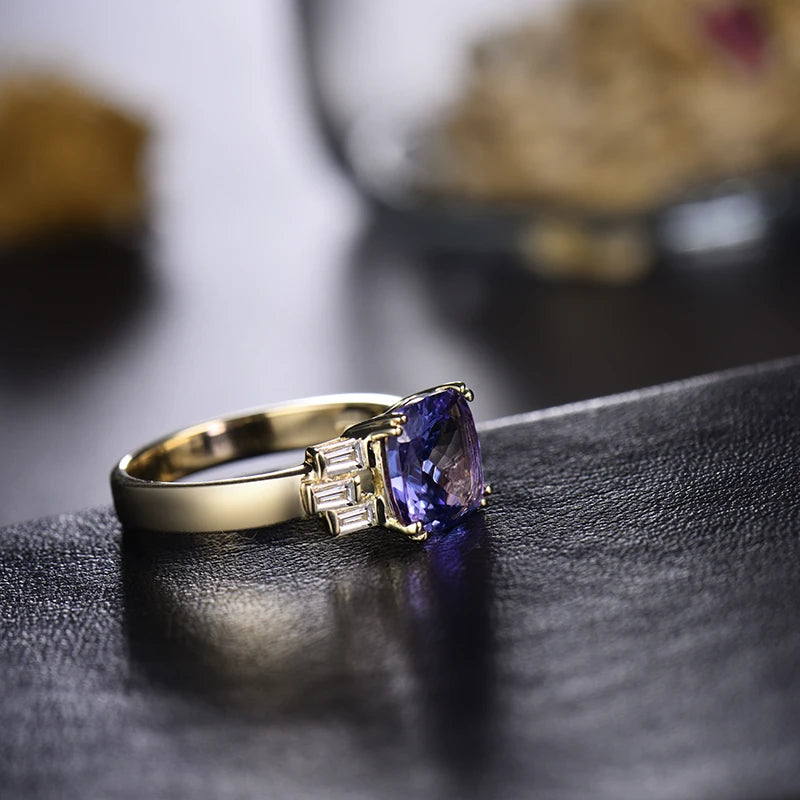 14K Yellow Gold Tanzanite & Diamond Cushion Ring – 8x8mm Women's Engagement Ring, Wedding Band, Anniversary Gift for Her – Perfect for Proposals, Bridal Jewelry & Special Occasions