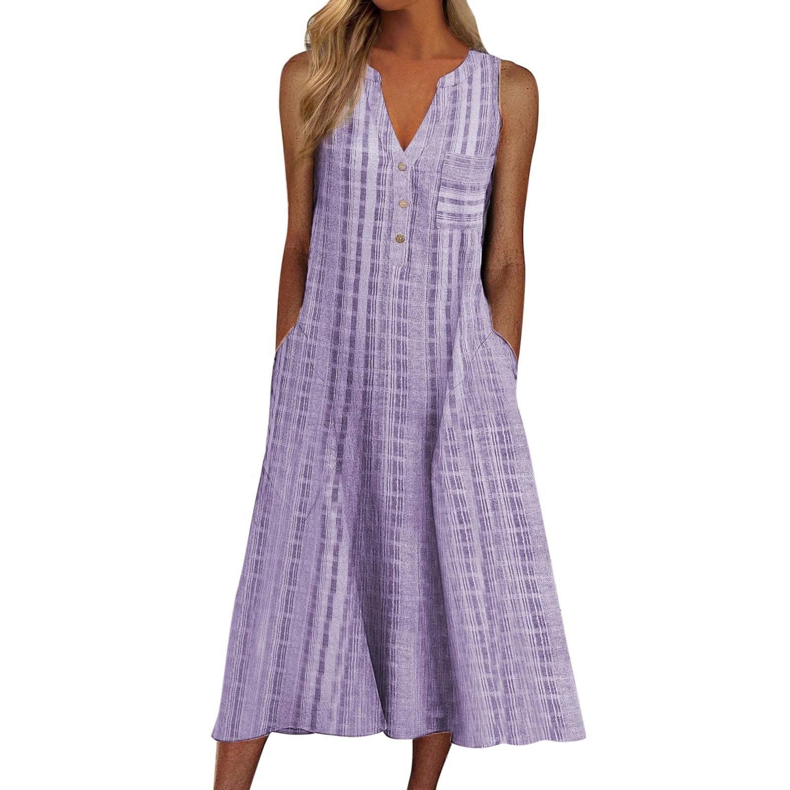Women's Casual Summer Stripe Button-Down V-Neck Sleeveless Midi Dress with Pockets | Beach Holiday Vacation Sundress for Women | Perfect for Pool Parties, Tropical Getaways & Summer Outings