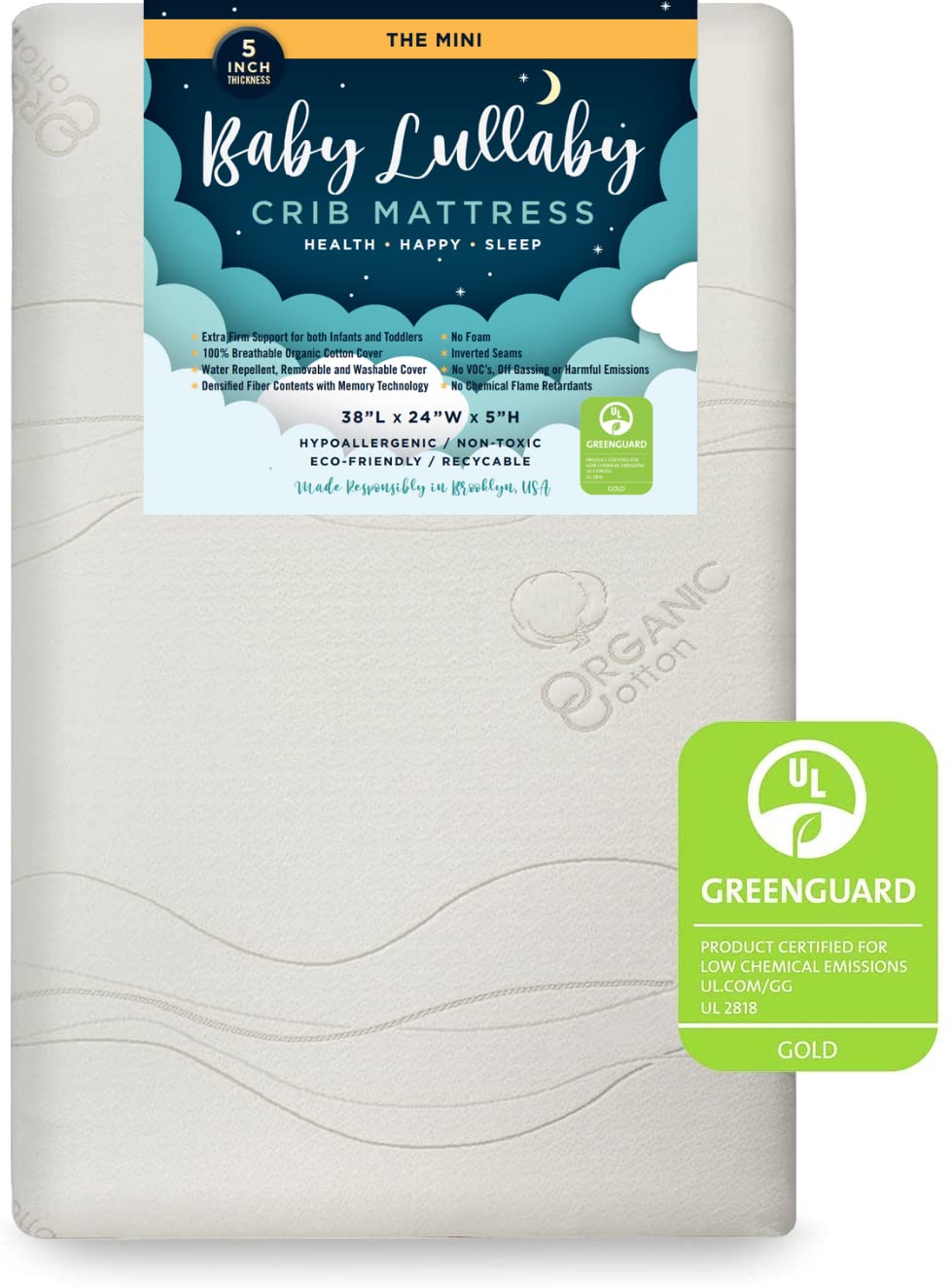 Organic Baby Lullaby Crib Mattress - Hypoallergenic, Non-Toxic & Breathable Cotton with Water Repellent Protection | Zero VOCs | Safe for Newborn Nursery & Toddler Bed | Perfect for Daycare, Travel & Co-Sleeping (Mini Size)