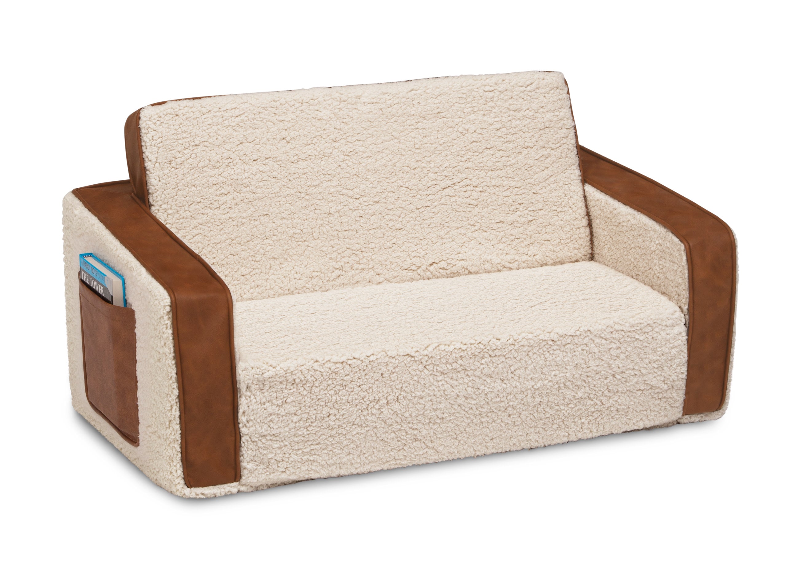 Cozee Flip Out Sherpa and Leather 2-in-1 Convertible Sofa to Lounger for Kids - Perfect for Playrooms, Bedrooms, and Family Movie Nights