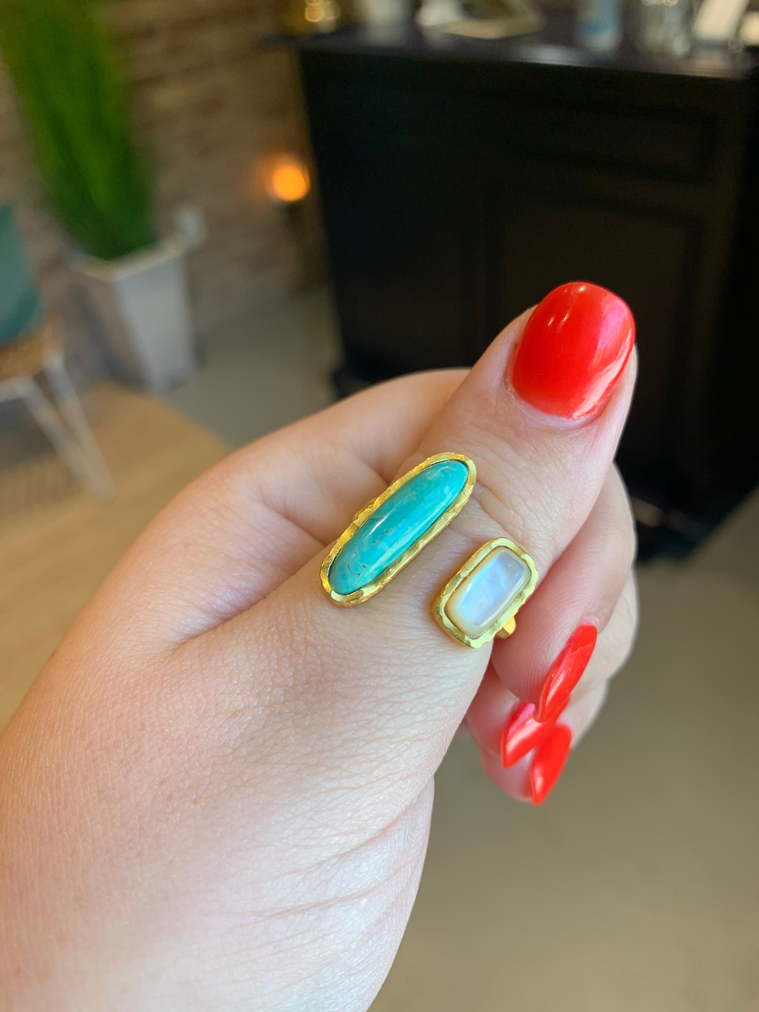 Deco Twin Stone Ring - Turquoise & Pearl Jewelry for Women | Boho Chic Fashion Accessory | Perfect for Parties, Weddings & Everyday Wear
