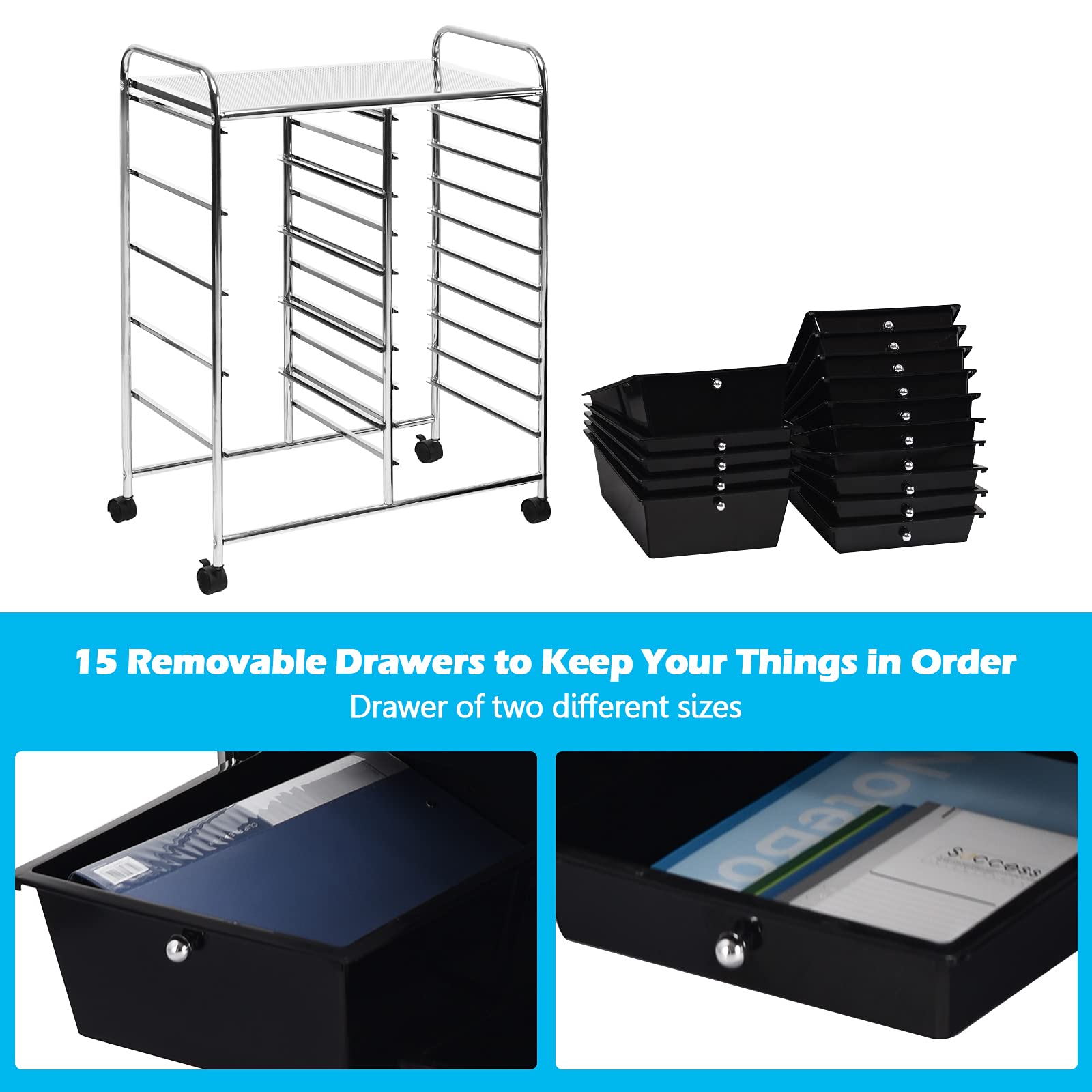 15-Tier Rolling Storage Cart with 4 Wheels - Moccha Drawer Organizer for Cosmetics, Office Supplies & Files - Perfect for Home, Studio & Office Organization - Black Storage Solution for Small Spaces