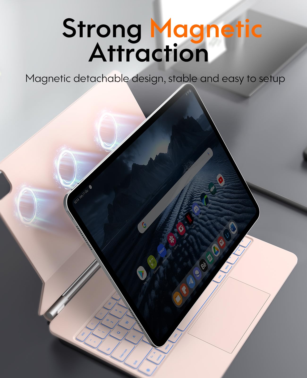 CHESONA iPad Pro 13 Case 2024 with Backlit Keyboard & Trackpad - 7-Color RGB Lighting, Floating Stand, Battery Display - Compatible with iPad Pro 13-inch (M4, 2024 Model) - Perfect for Work, Study & Travel - Pink