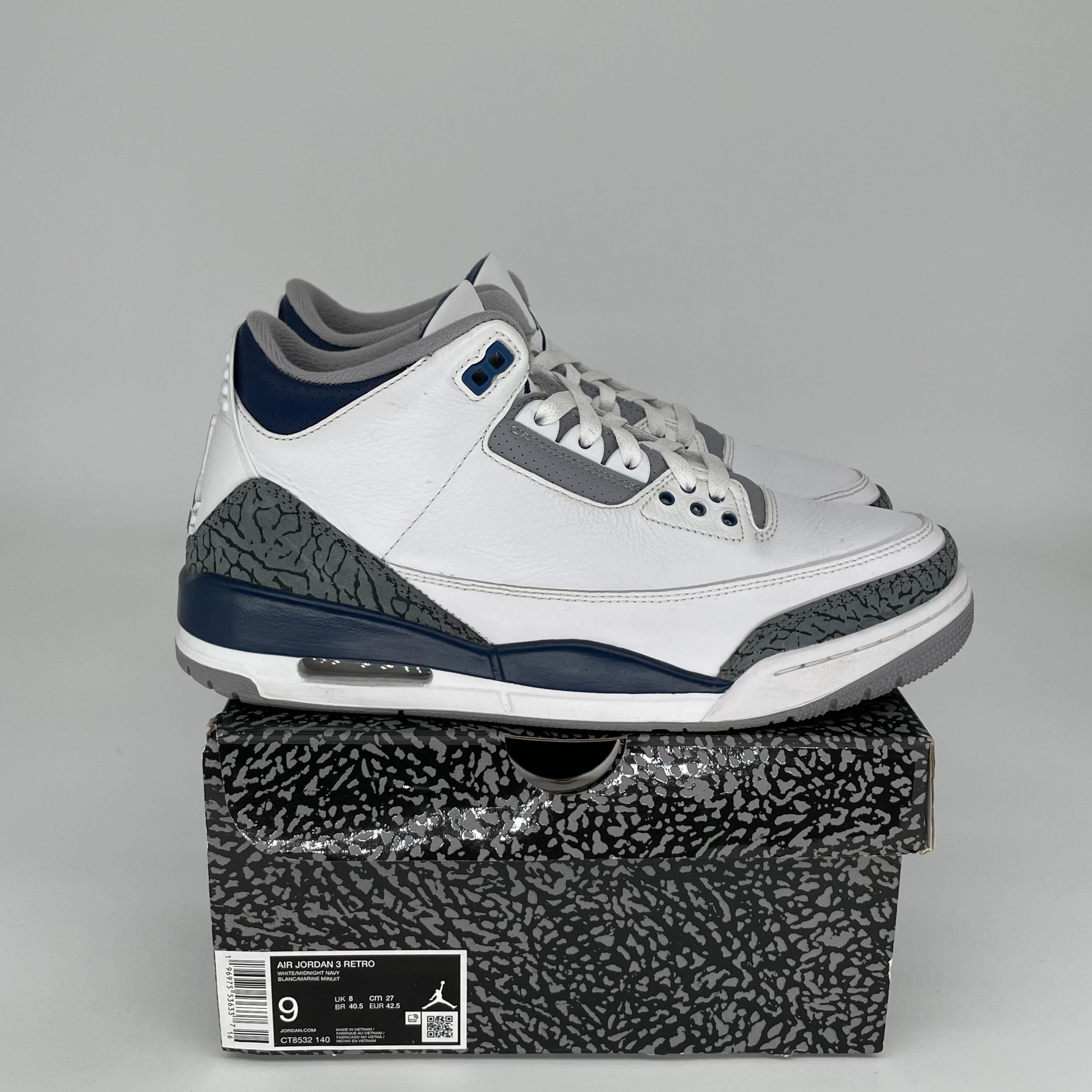 AIR JORDAN 3 Retro Midnight Navy Men's Basketball Shoes Size 9 - CT8532-140 | Authentic Nike Sneakers for Casual Wear, Street Style & Sports Performance