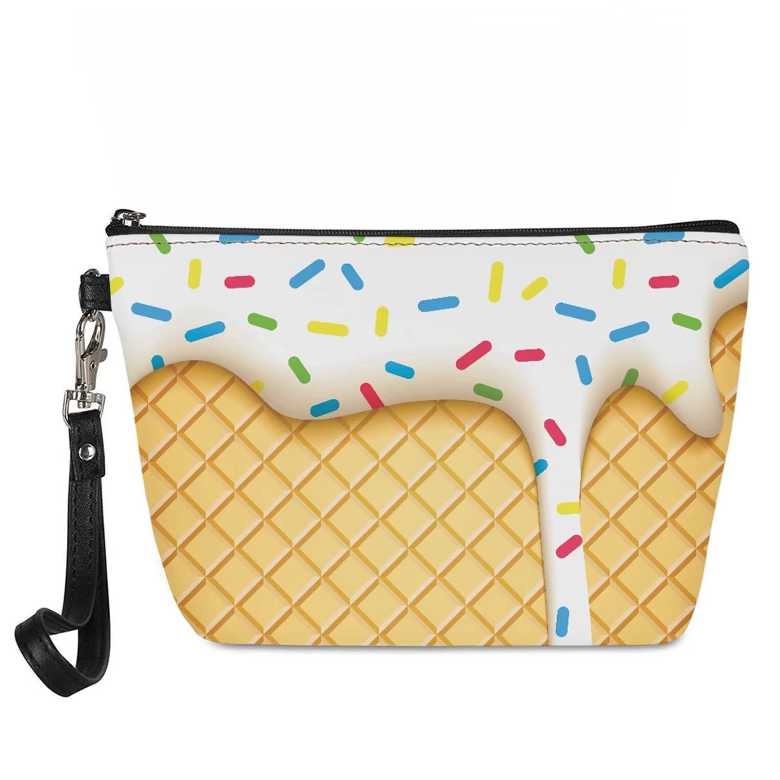 Mumeson Ice Cream Waffle Leather Cosmetic Bag for Women & Girls - Travel Makeup Organizer with Zipper & Wrist Strap - Perfect for Toiletries, Brushes & Beauty Essentials - Ideal for Travel, Gym & Daily Use