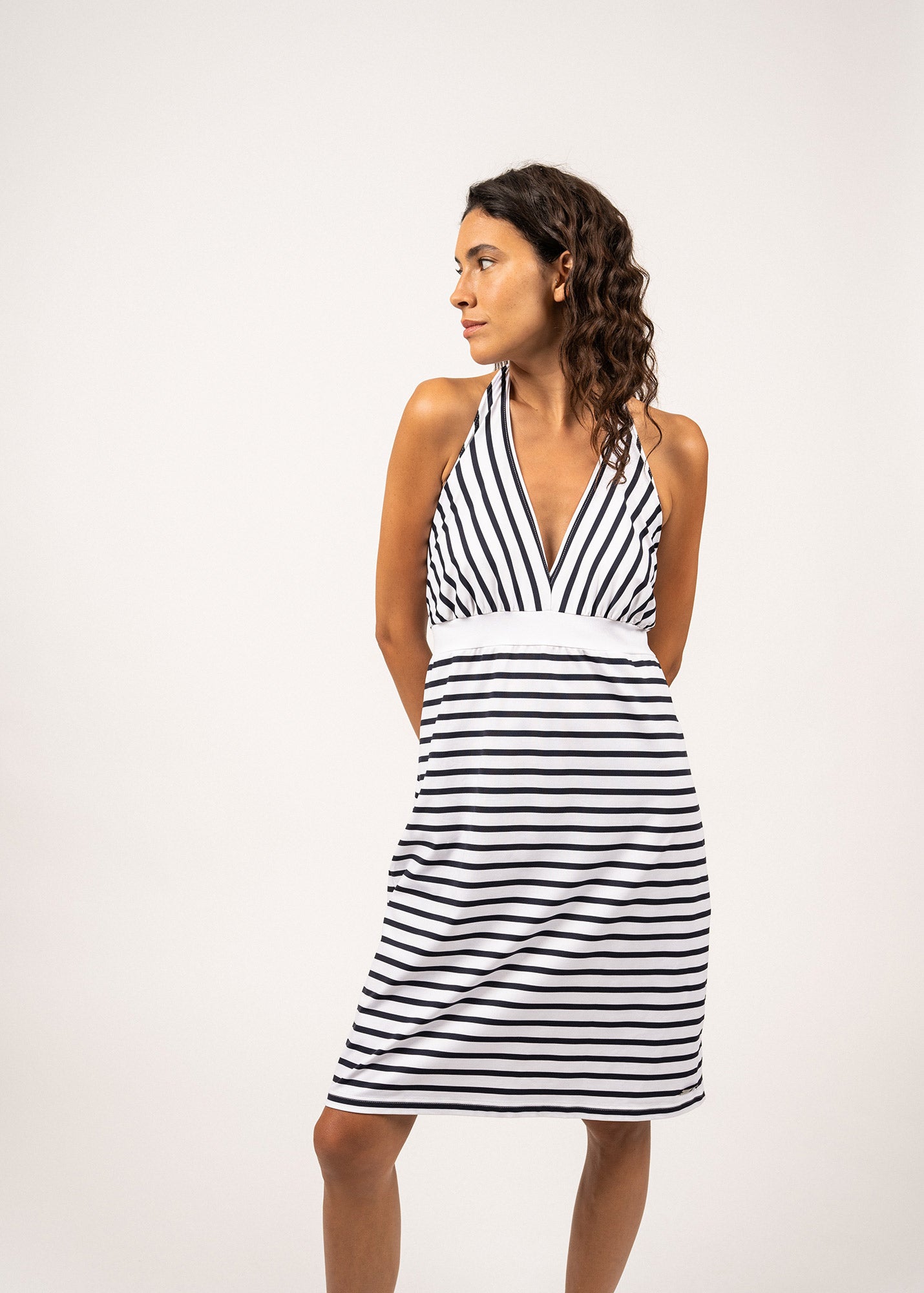 **Romain Brifault Backless Breton Striped Dress - White & Navy Blue | Summer Beachwear, Vacation Outfit, Casual Chic Style**